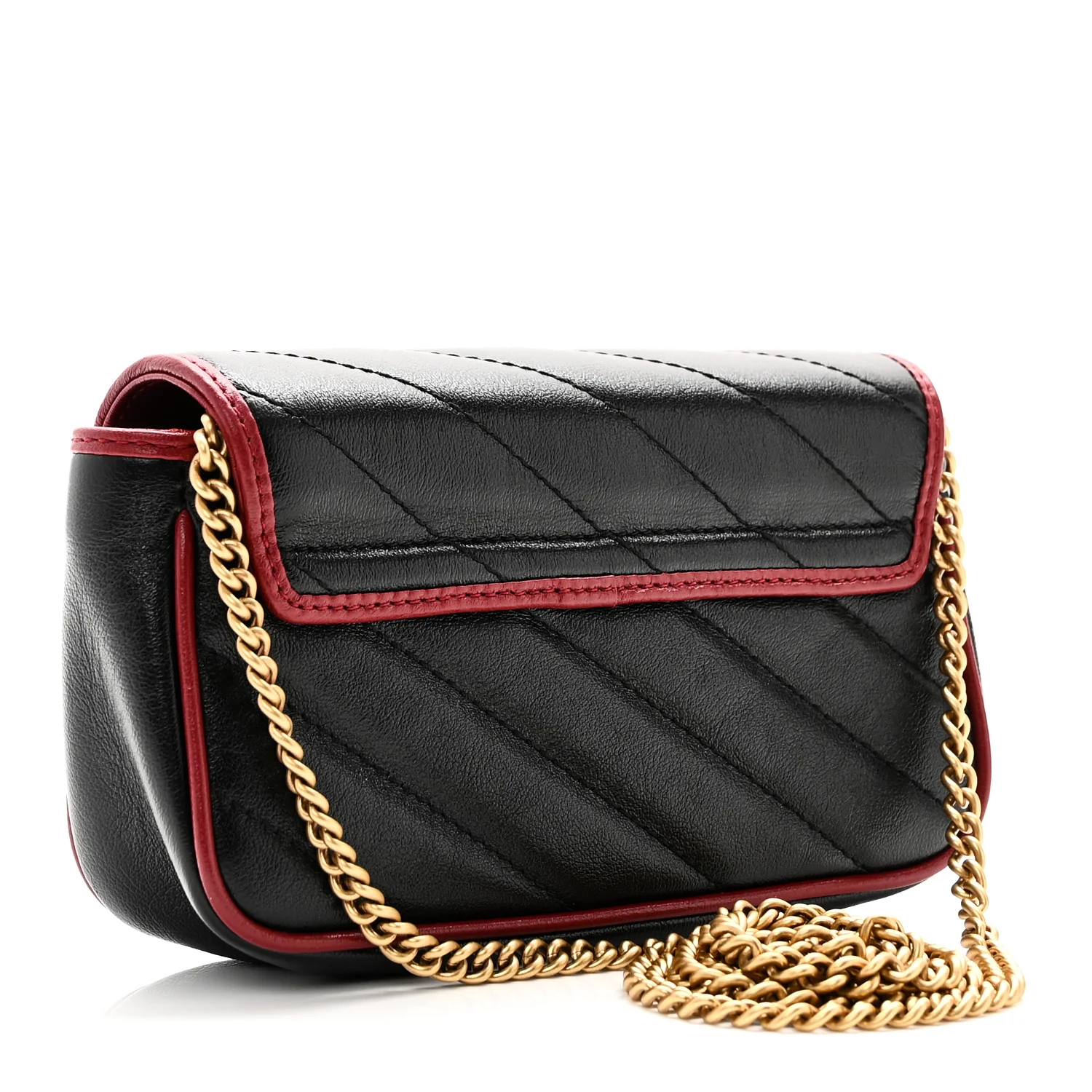 Vintage Effect Calfskin Matelasse Diagonal Super Mini Torchon GG Marmont Shoulder Bag Black Romantic Cherry - Image 3