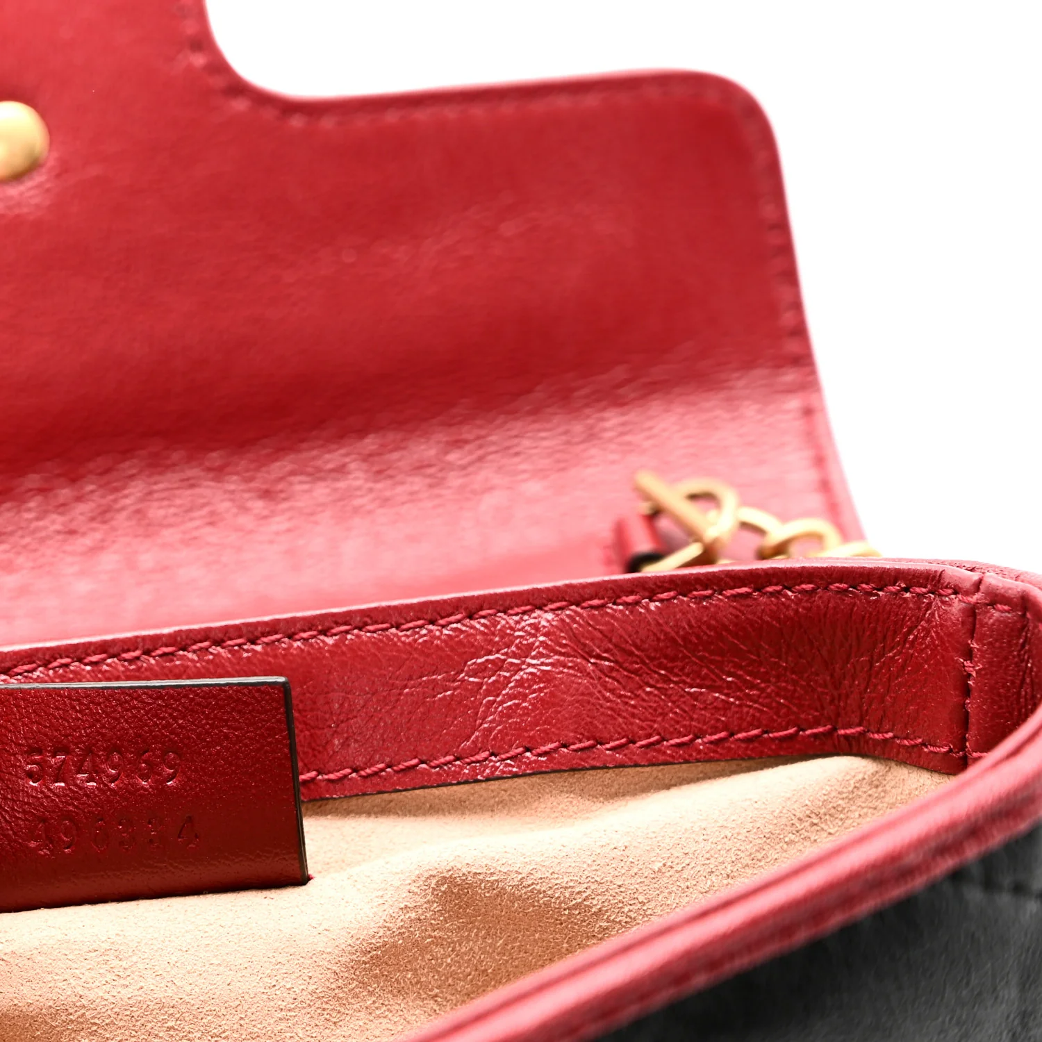 Vintage Effect Calfskin Matelasse Diagonal Super Mini Torchon GG Marmont Shoulder Bag Black Romantic Cherry - Image 7