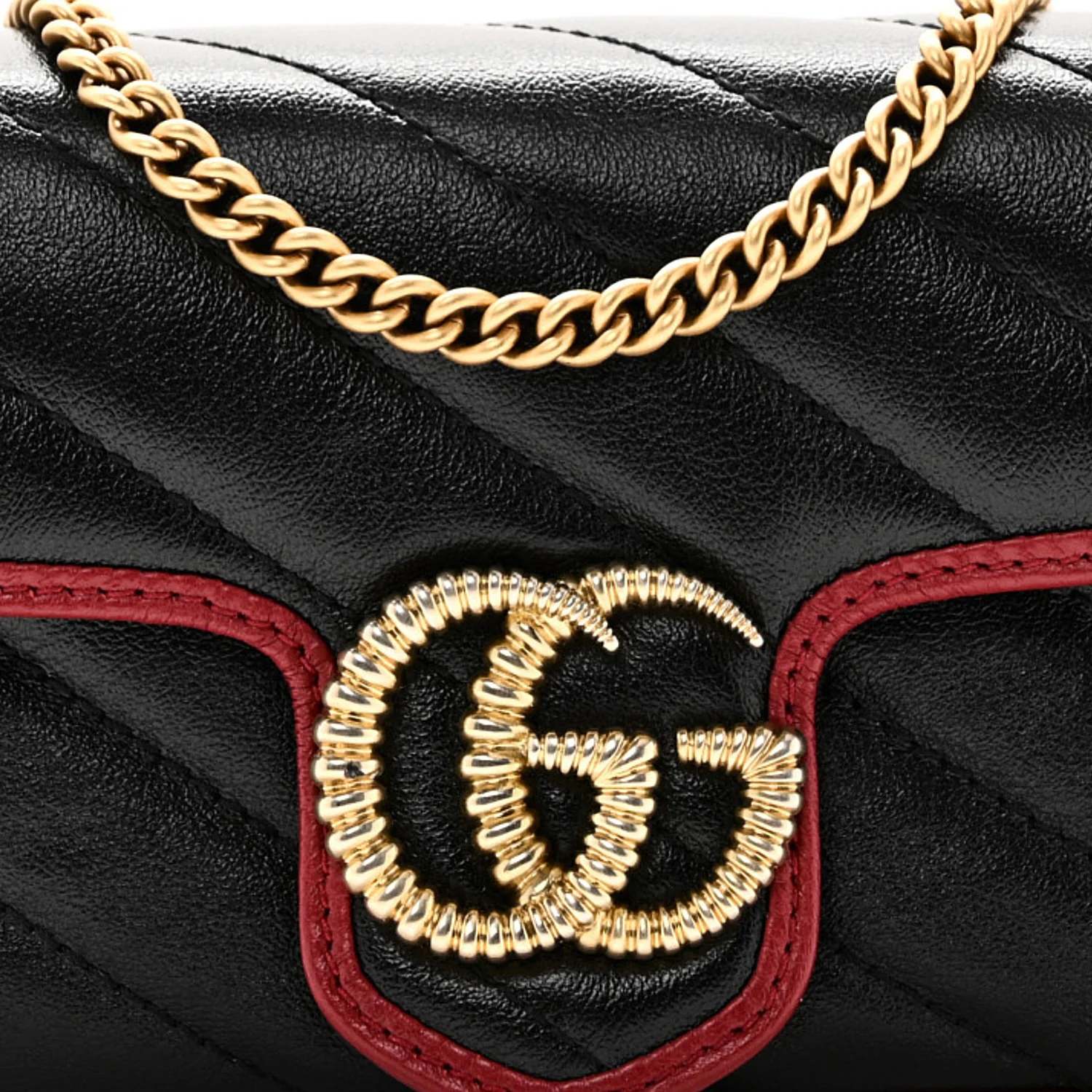 Vintage Effect Calfskin Matelasse Diagonal Super Mini Torchon GG Marmont Shoulder Bag Black Romantic Cherry - Image 8