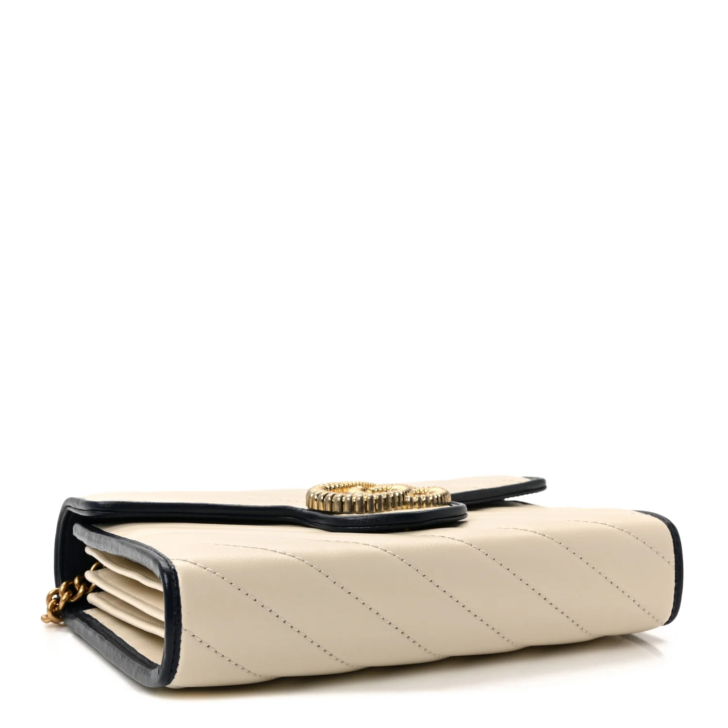 Vintage Effect Calfskin Matelasse Diagonal Torchon GG Marmont Chain Wallet Mystic White Blue Agata - Image 4