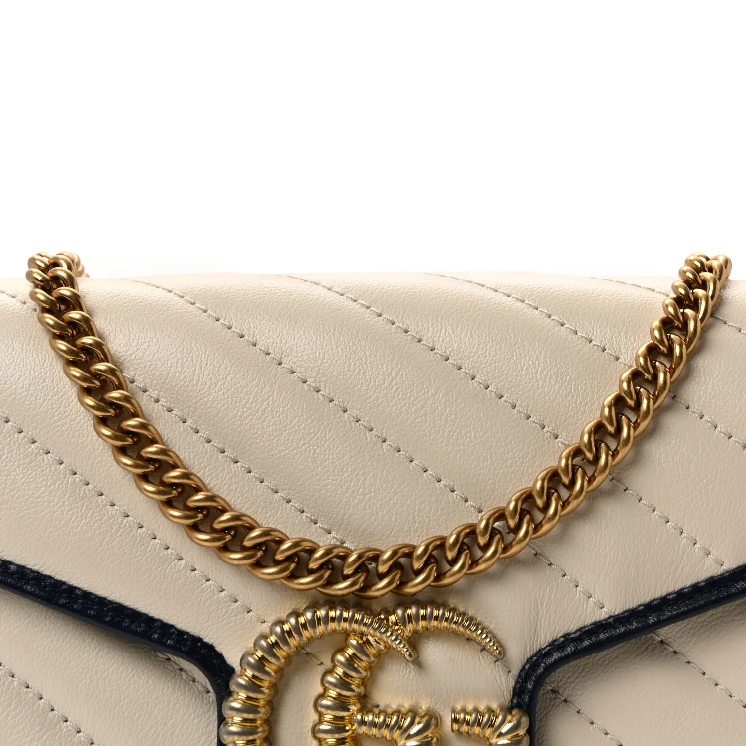 Vintage Effect Calfskin Matelasse Diagonal Torchon GG Marmont Chain Wallet Mystic White Blue Agata - Image 8