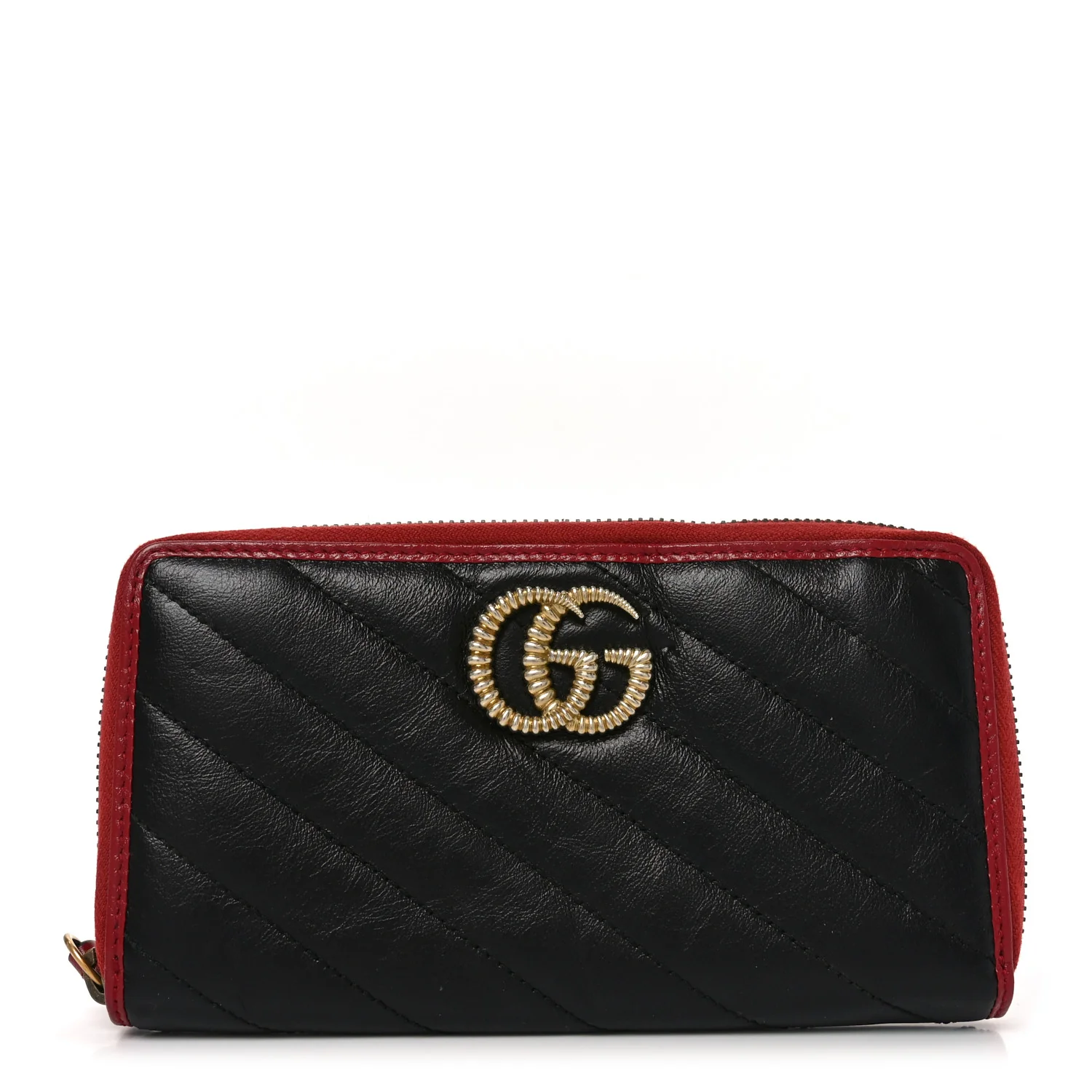 Vintage Effect Calfskin Matelasse Diagonal Torchon GG Marmont Zip Around Wallet Black Romantic Cherry