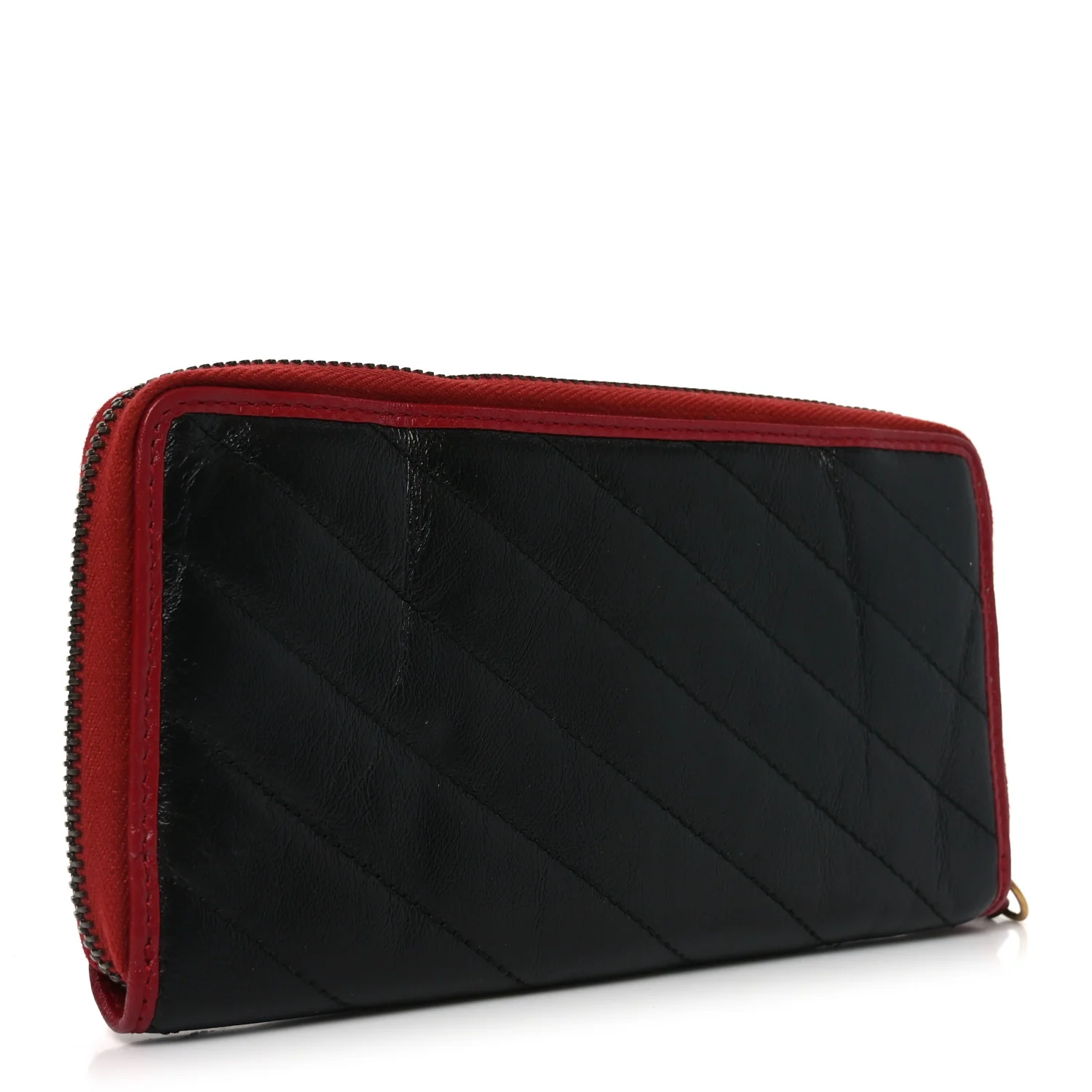 Vintage Effect Calfskin Matelasse Diagonal Torchon GG Marmont Zip Around Wallet Black Romantic Cherry - Image 3