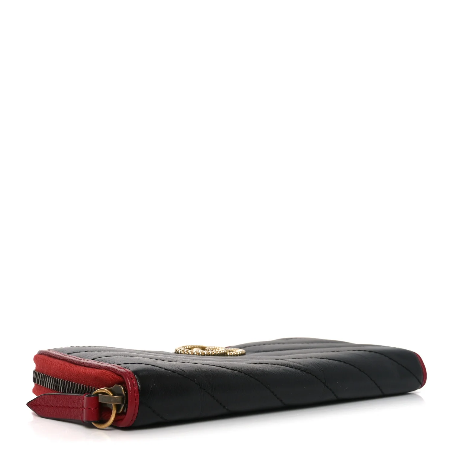 Vintage Effect Calfskin Matelasse Diagonal Torchon GG Marmont Zip Around Wallet Black Romantic Cherry - Image 4