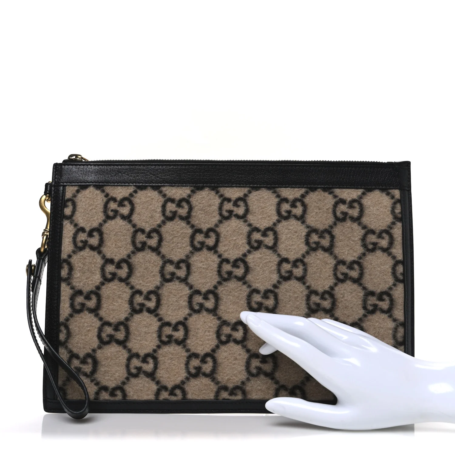 Wool GG Monogram Zip Wristlet Pouch Beige Ebony - Image 2