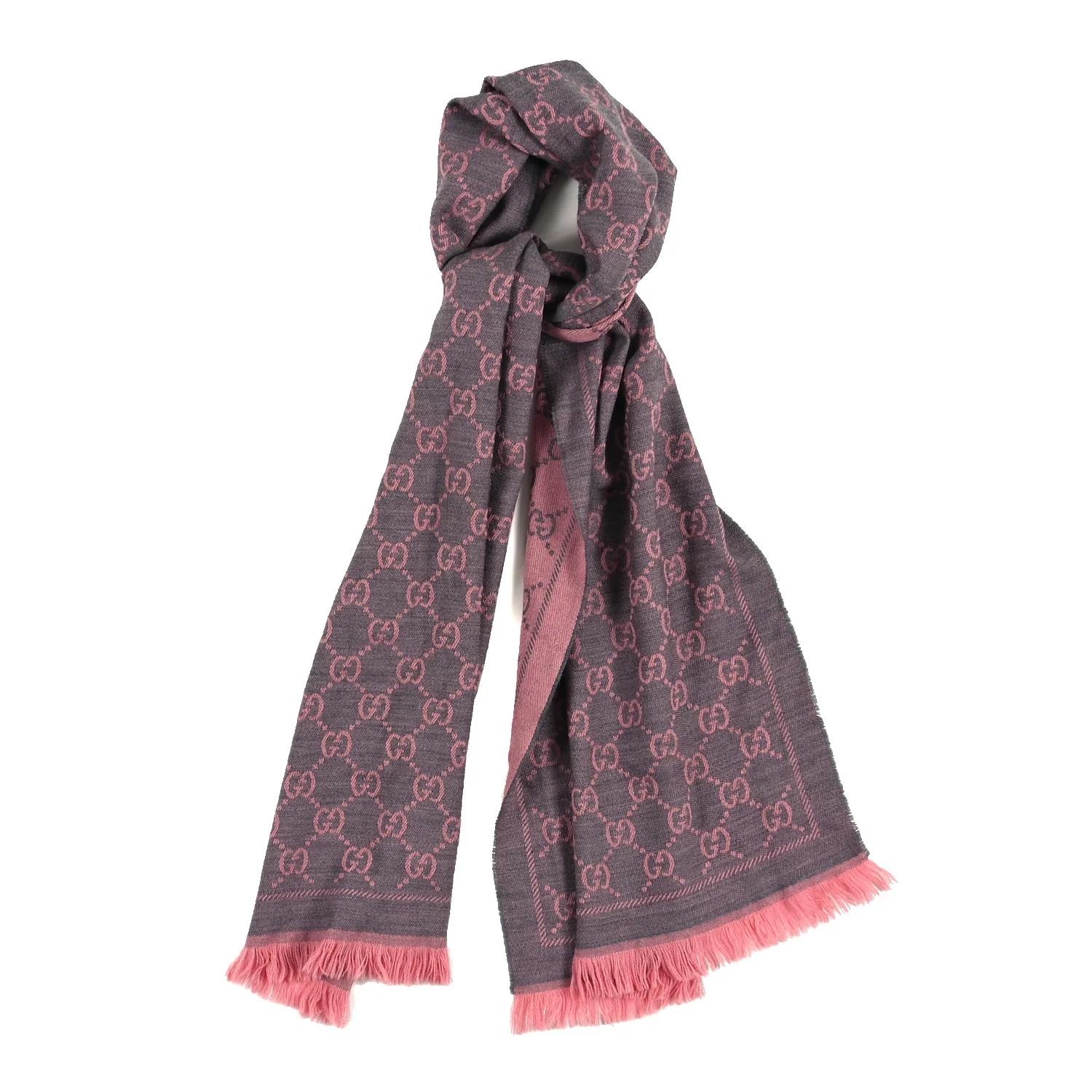 Wool Jacquard GG Monogram Sten Fringe Scarf Graphite Pink