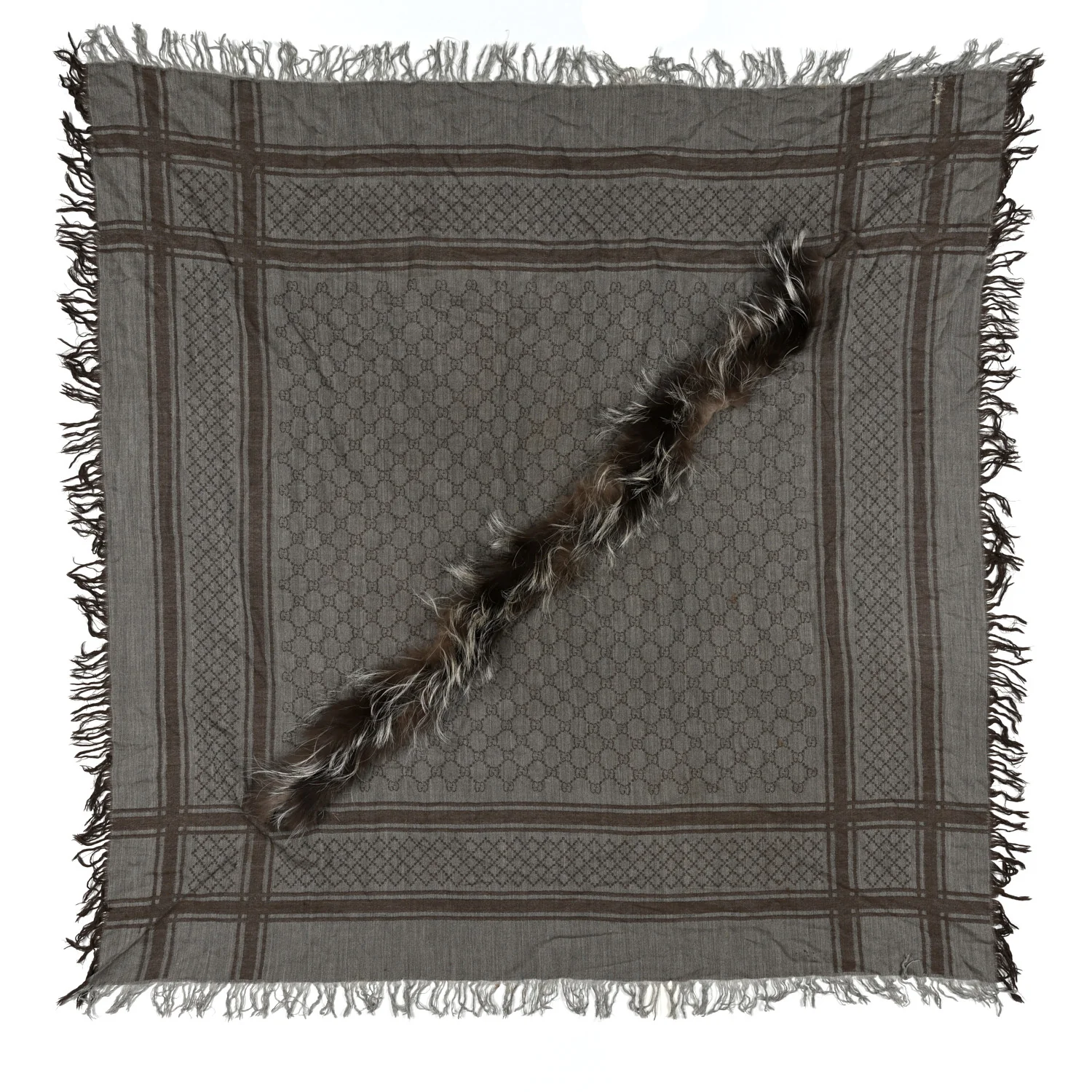 Wool Silk Fox Fur Monogram Shawl Scarf Brown