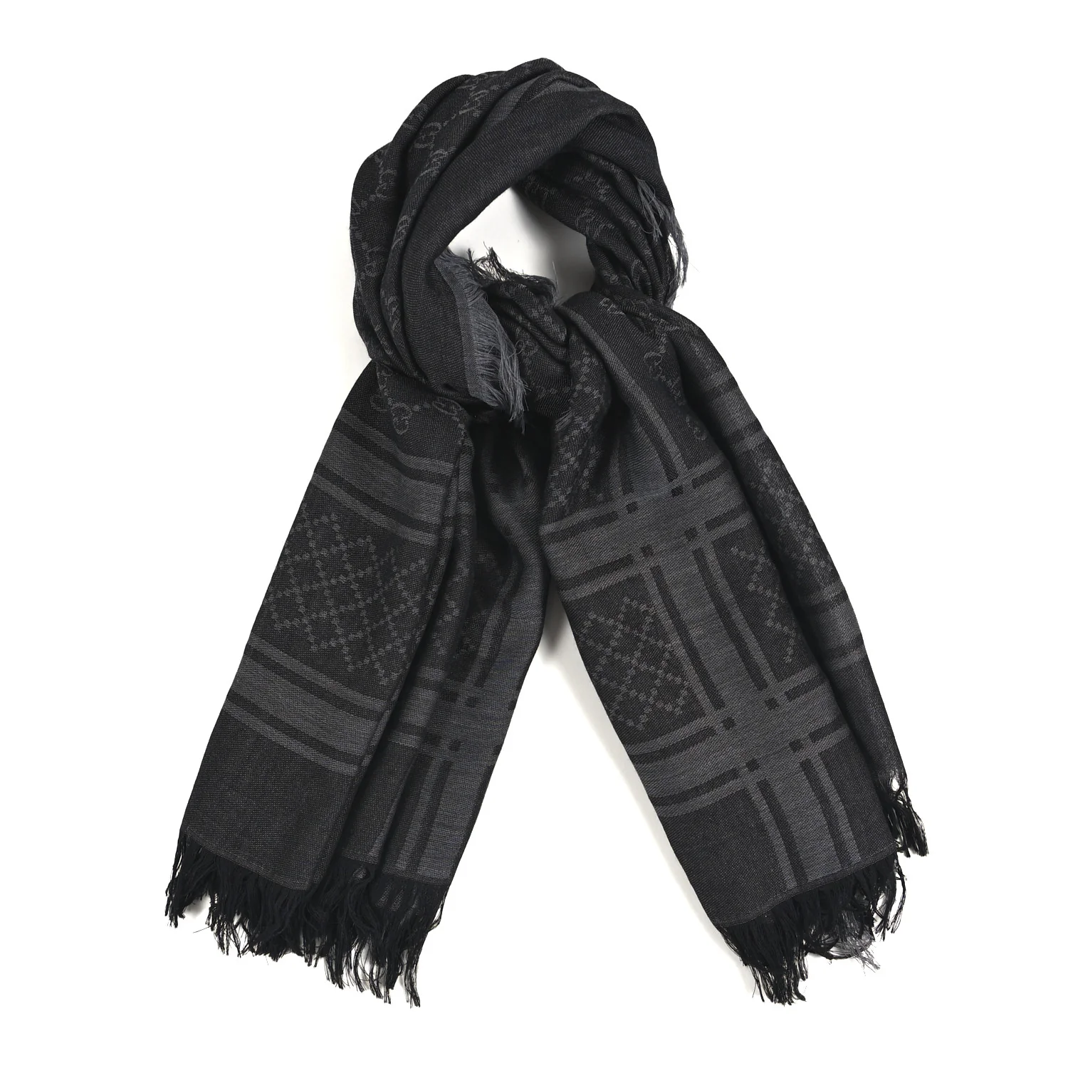 Wool Silk GG Monogram Diamante Plaid Surviee Shawl Graphite Black