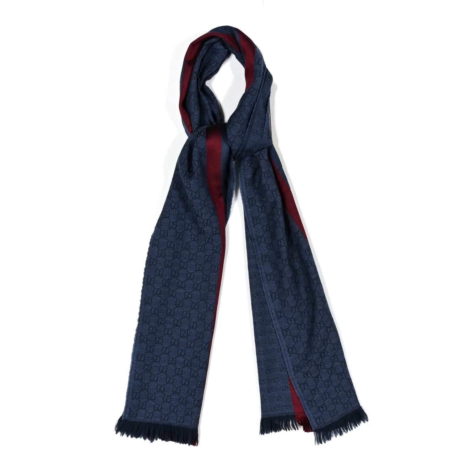 Wool Silk GG Monogram Web Verbiere Fringe Scarf Navy Blue
