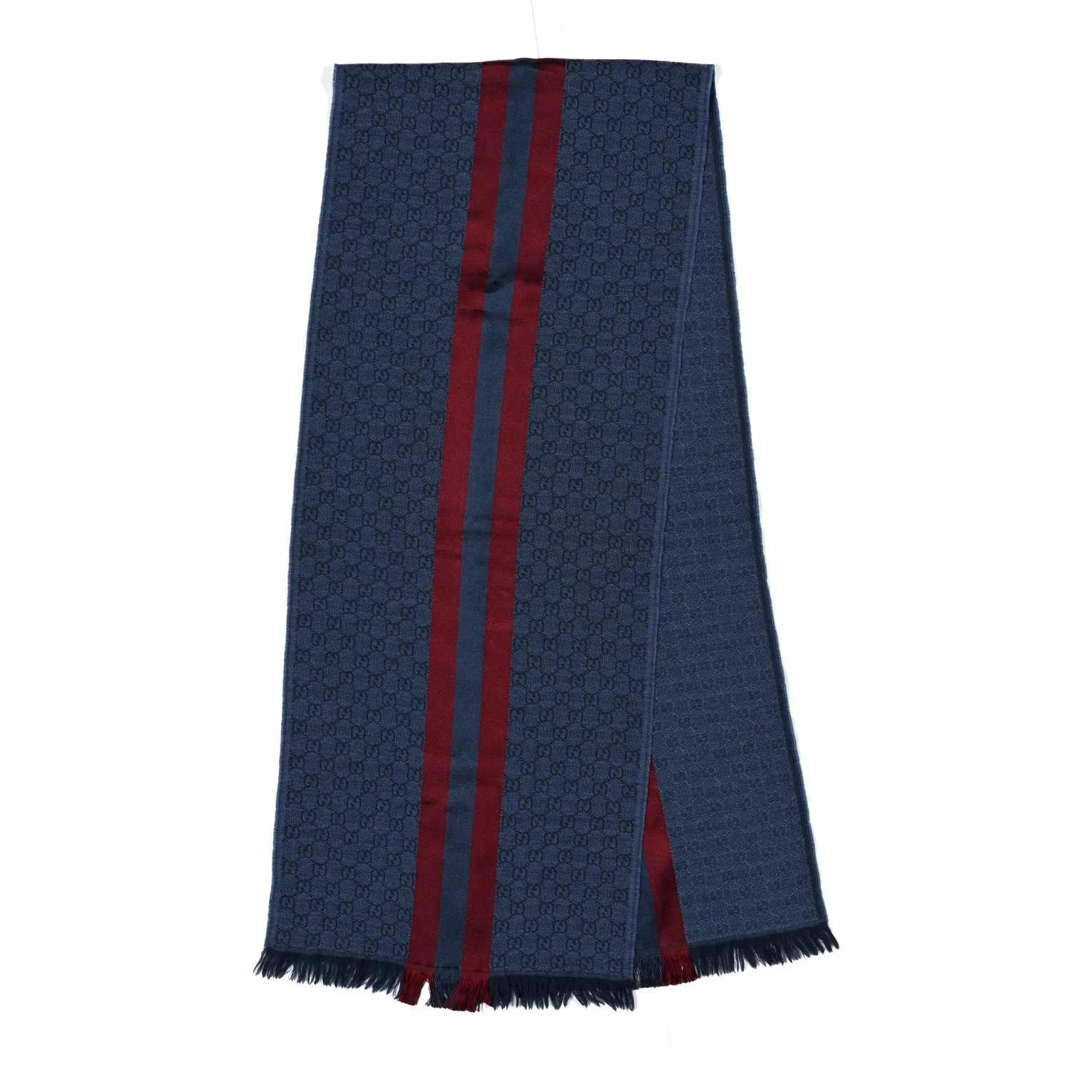 Wool Silk GG Monogram Web Verbiere Fringe Scarf Navy Blue - Image 2