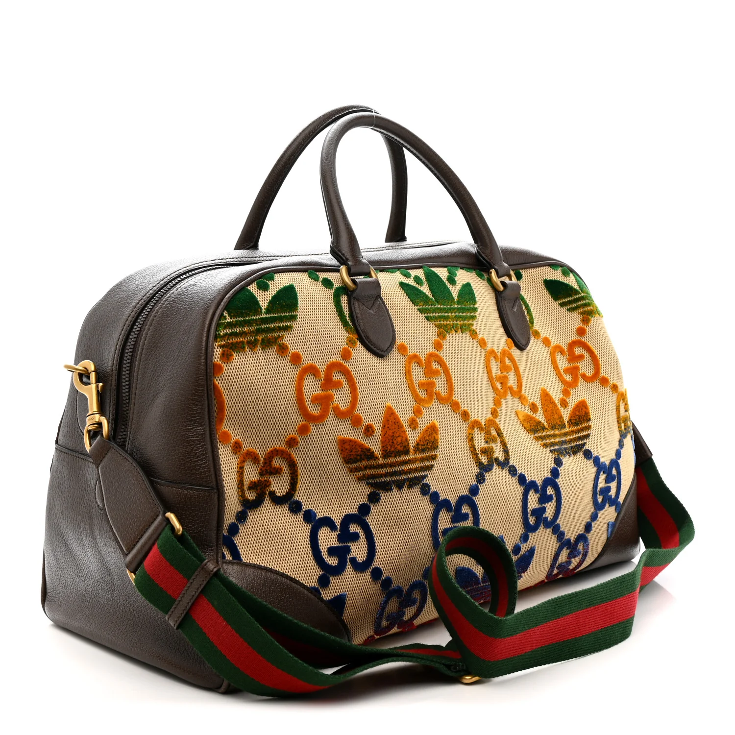X ADIDAS Canvas Textured Dollar Calfskin Web GG Monogram Trefoil Large Bowling Bag Beige Brown Multicolor - Image 2