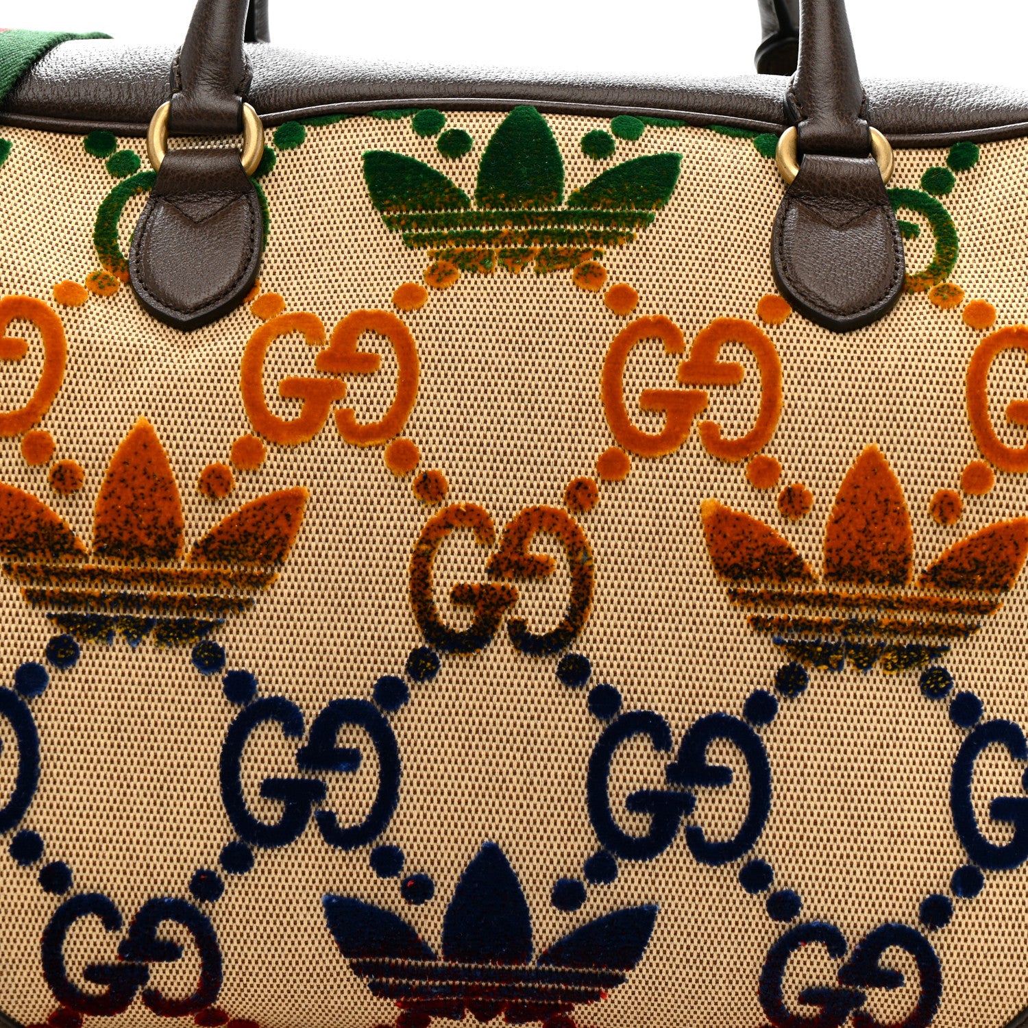 X ADIDAS Canvas Textured Dollar Calfskin Web GG Monogram Trefoil Large Bowling Bag Beige Brown Multicolor - Image 7