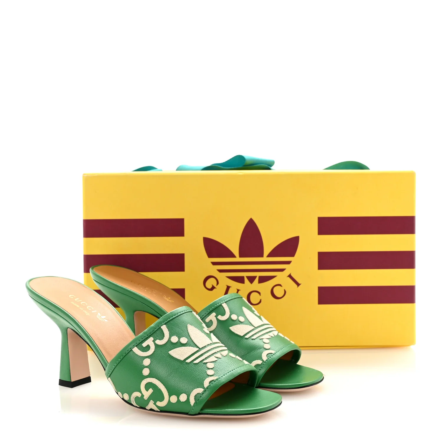 X ADIDAS Nappa Charlotte Suede Monogram Jumbo GG Trefoil 75mm Slide Sandals 38 New Shamarock Ivoire - Image 10