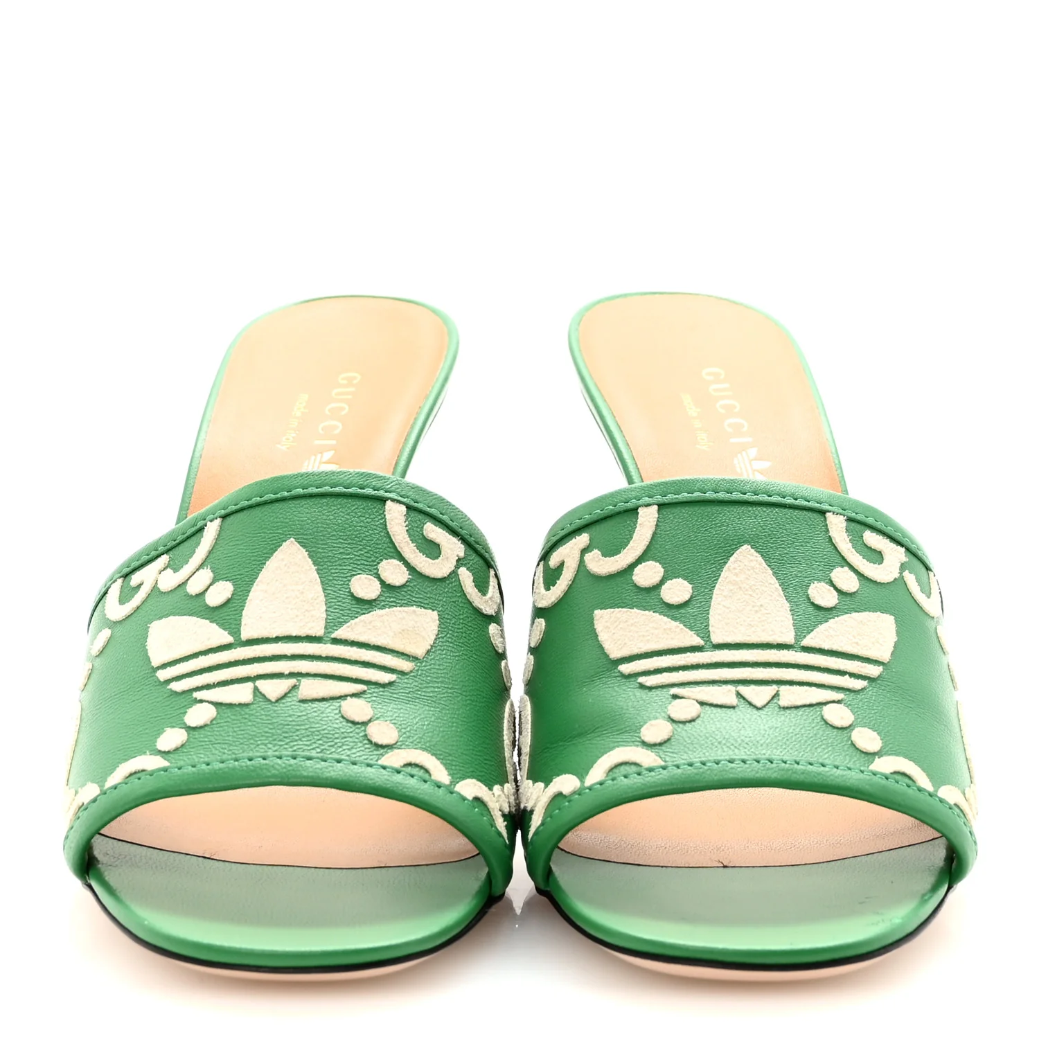 X ADIDAS Nappa Charlotte Suede Monogram Jumbo GG Trefoil 75mm Slide Sandals 38 New Shamarock Ivoire - Image 3
