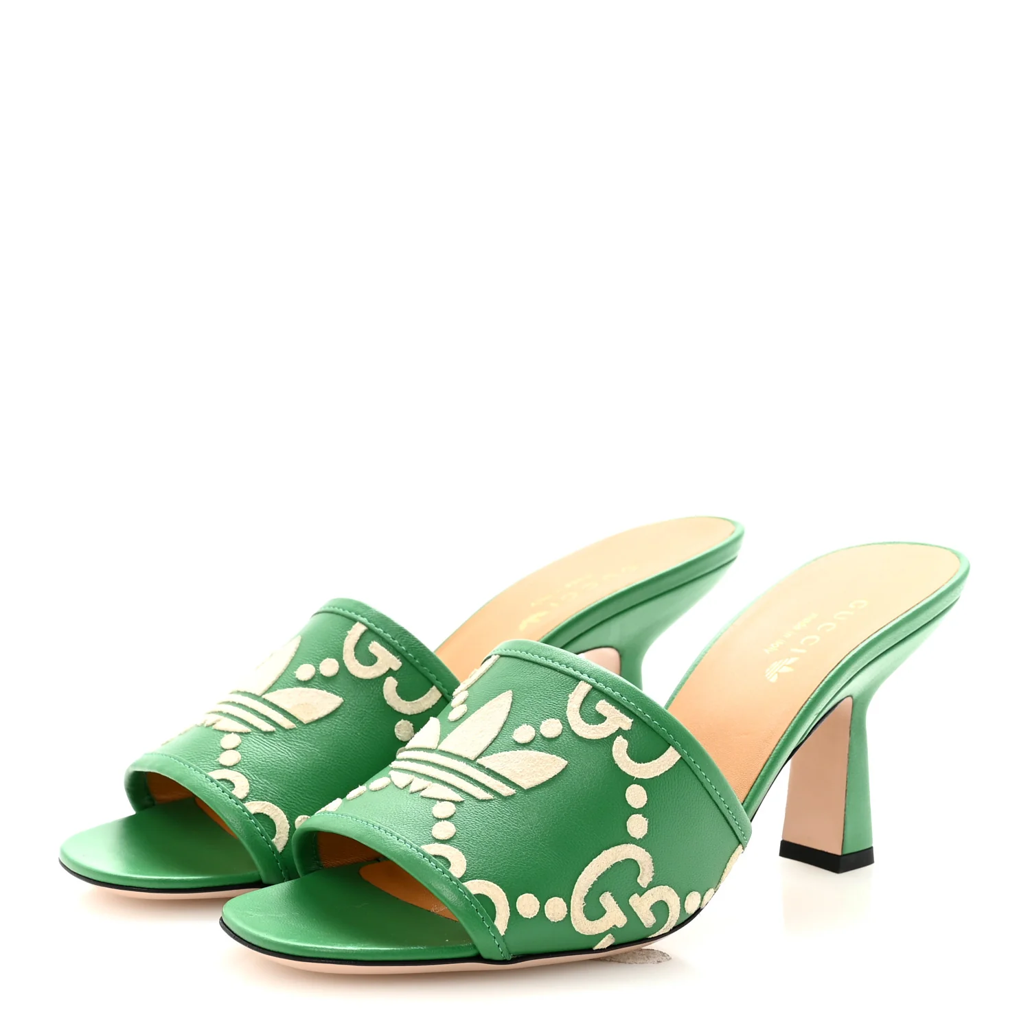 X ADIDAS Nappa Charlotte Suede Monogram Jumbo GG Trefoil 75mm Slide Sandals 38 New Shamarock Ivoire - Image 4