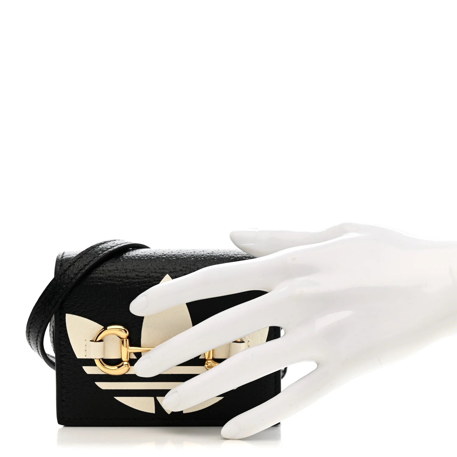 X ADIDAS Textured Dollar Calfskin Trefoil Horsebit 1955 Card Case Wallet With Strap Black Off White - Image 2