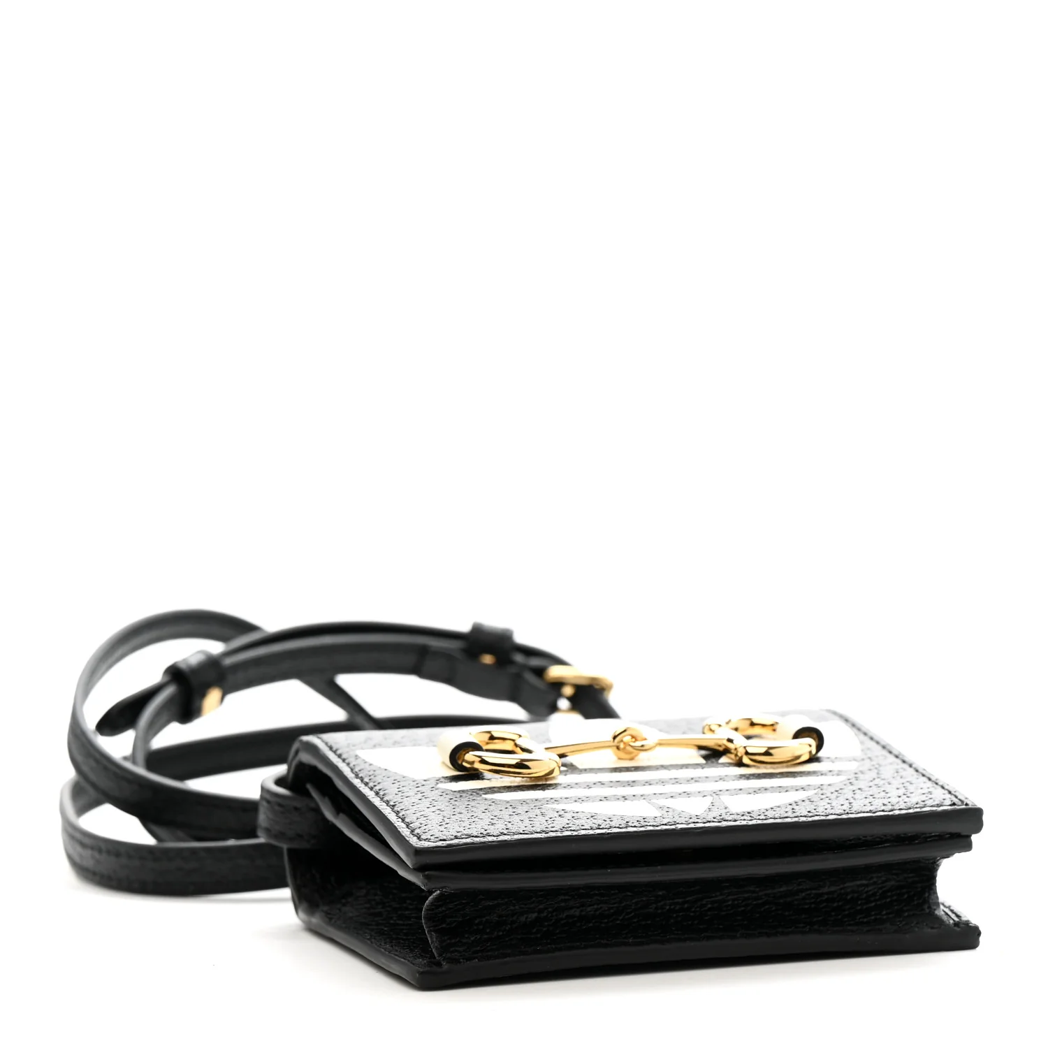 X ADIDAS Textured Dollar Calfskin Trefoil Horsebit 1955 Card Case Wallet With Strap Black Off White - Image 4