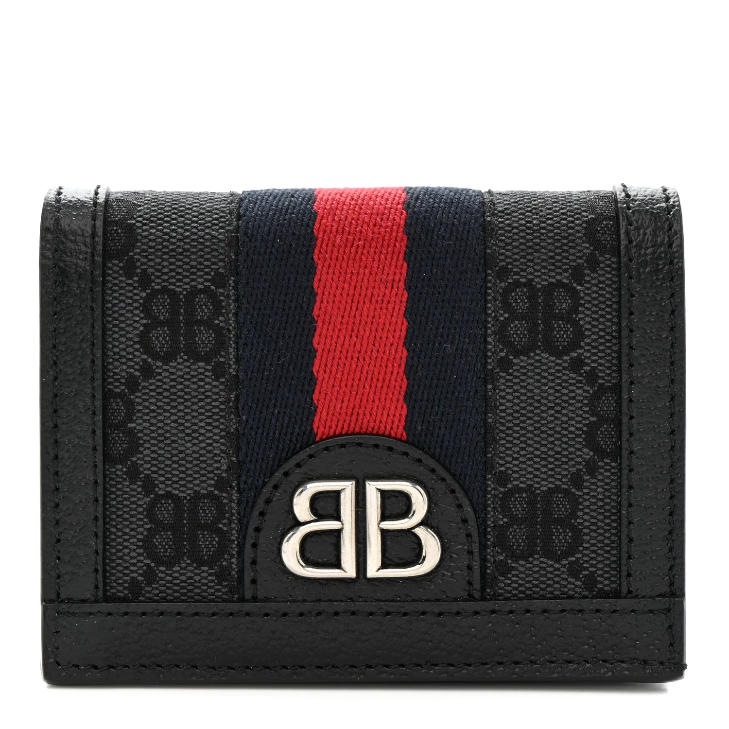 X BALENCIAGA BB Monogram Web Ophidia Card Case Wallet Black