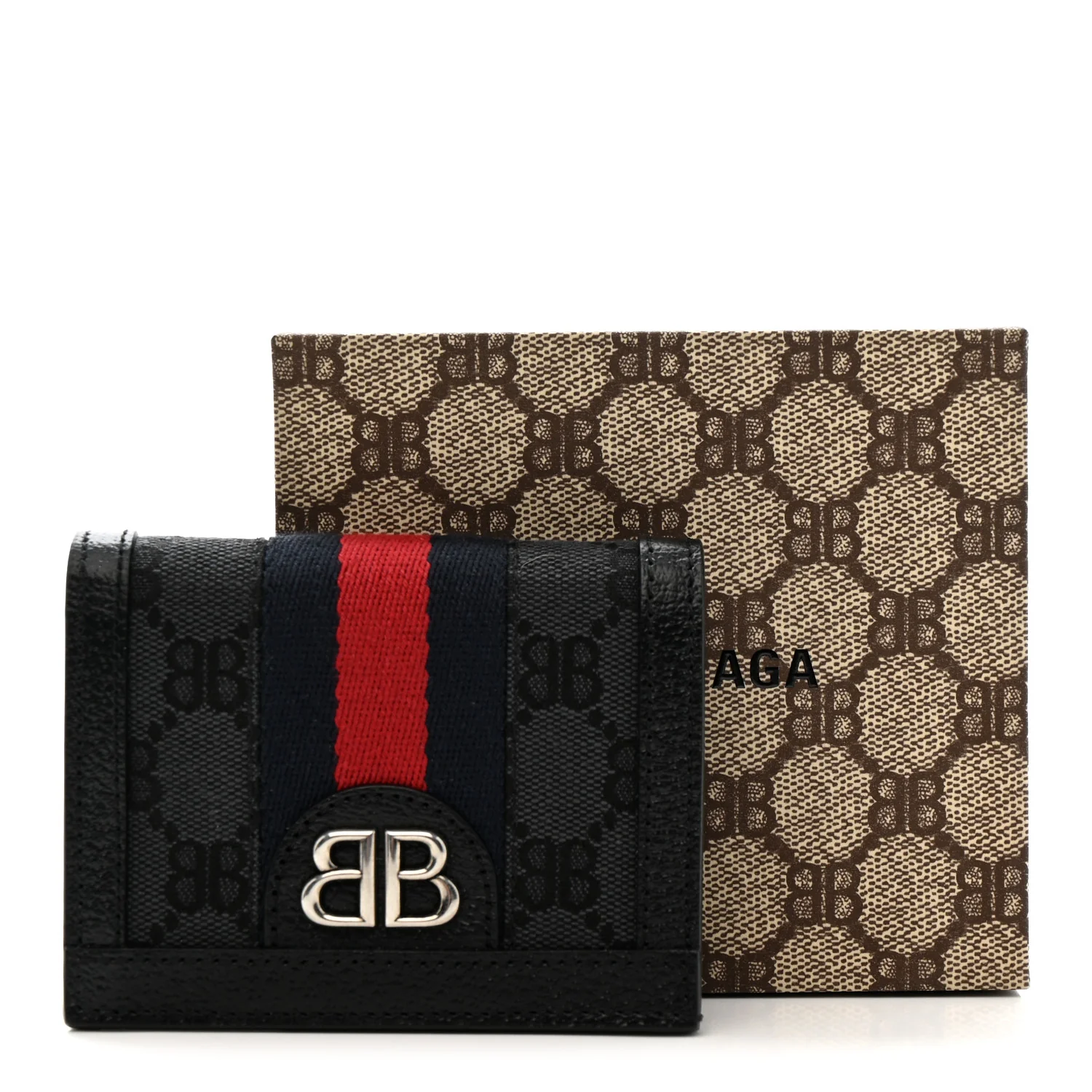 X BALENCIAGA BB Monogram Web Ophidia Card Case Wallet Black - Image 8