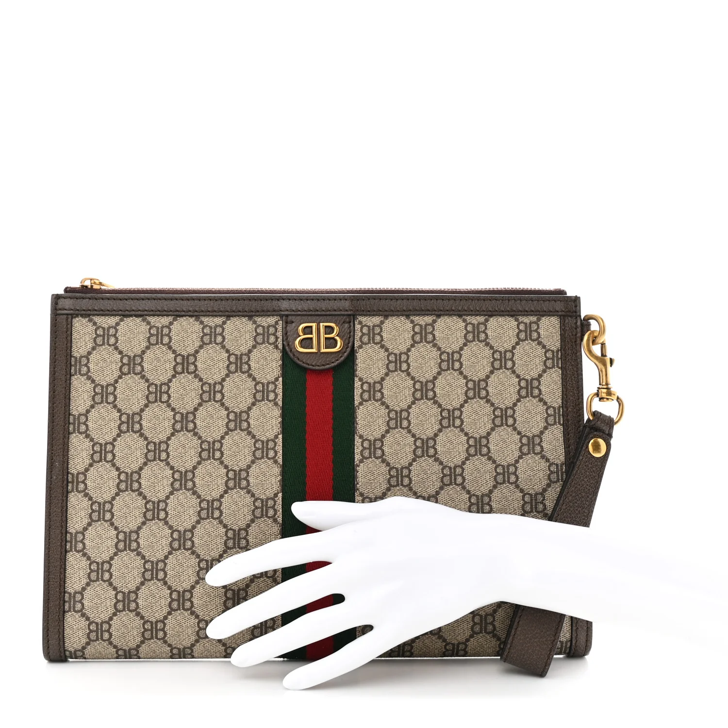 X BALENCIAGA BB Supreme Monogram Web Ophidia Wristlet Beige New Acero - Image 2