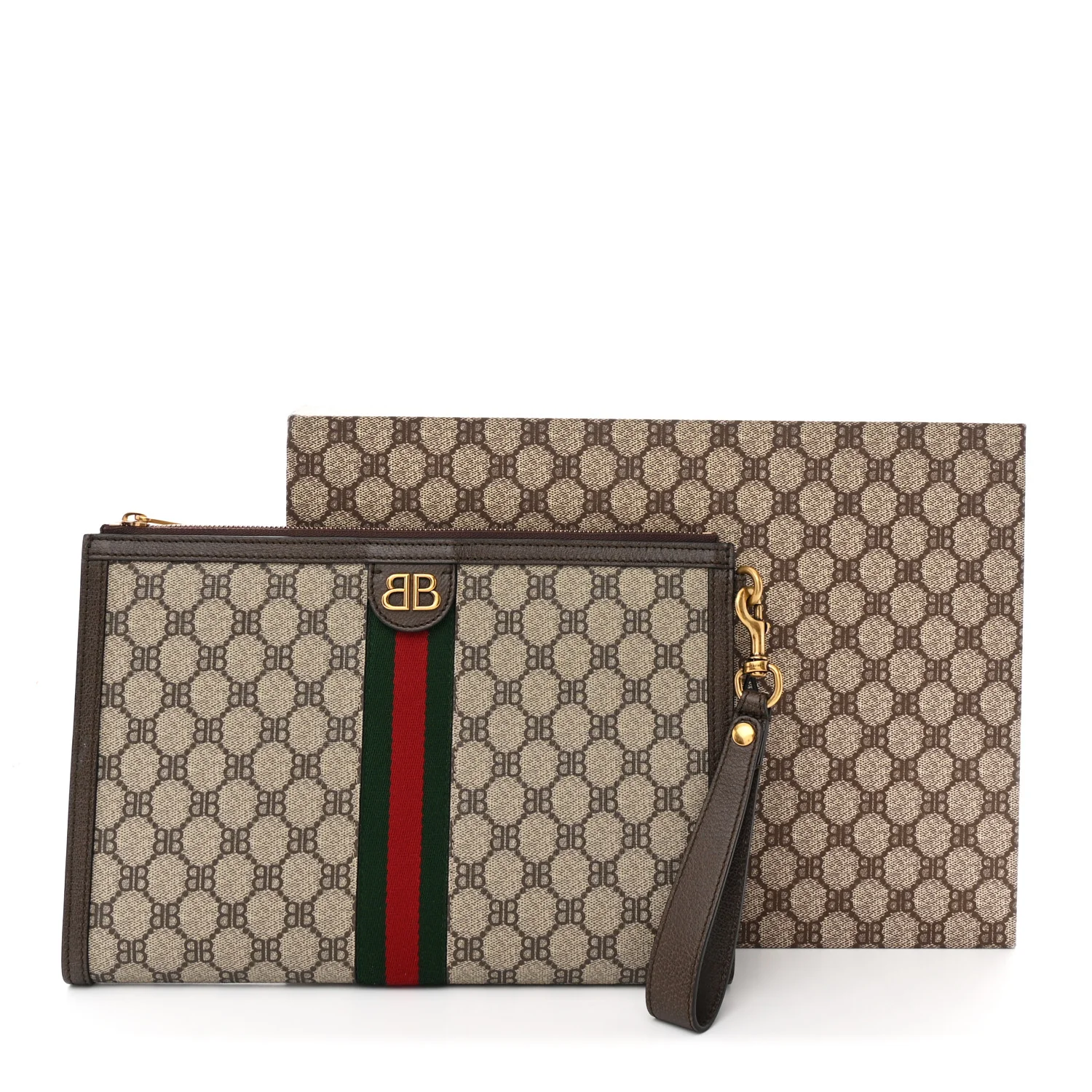 X BALENCIAGA BB Supreme Monogram Web Ophidia Wristlet Beige New Acero - Image 8