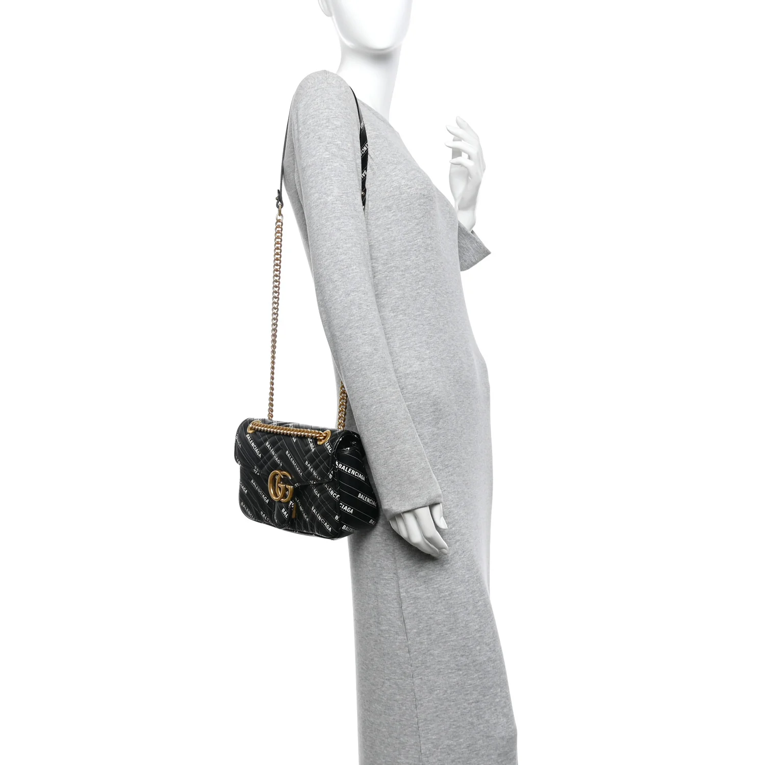 X BALENCIAGA Calfskin Matelasse Logo Print Small GG Marmont Shoulder Bag Black - Image 2