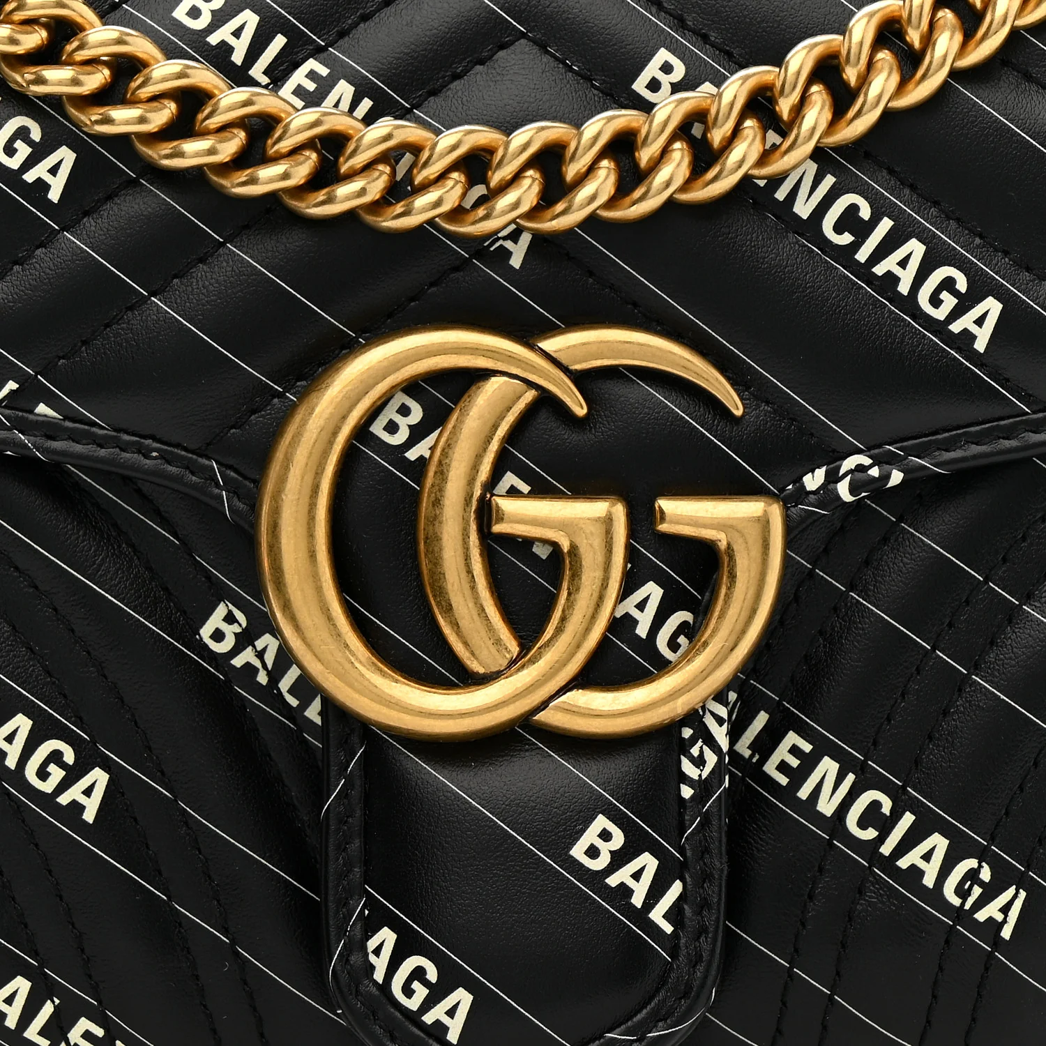X BALENCIAGA Calfskin Matelasse Logo Print Small GG Marmont Shoulder Bag Black - Image 8