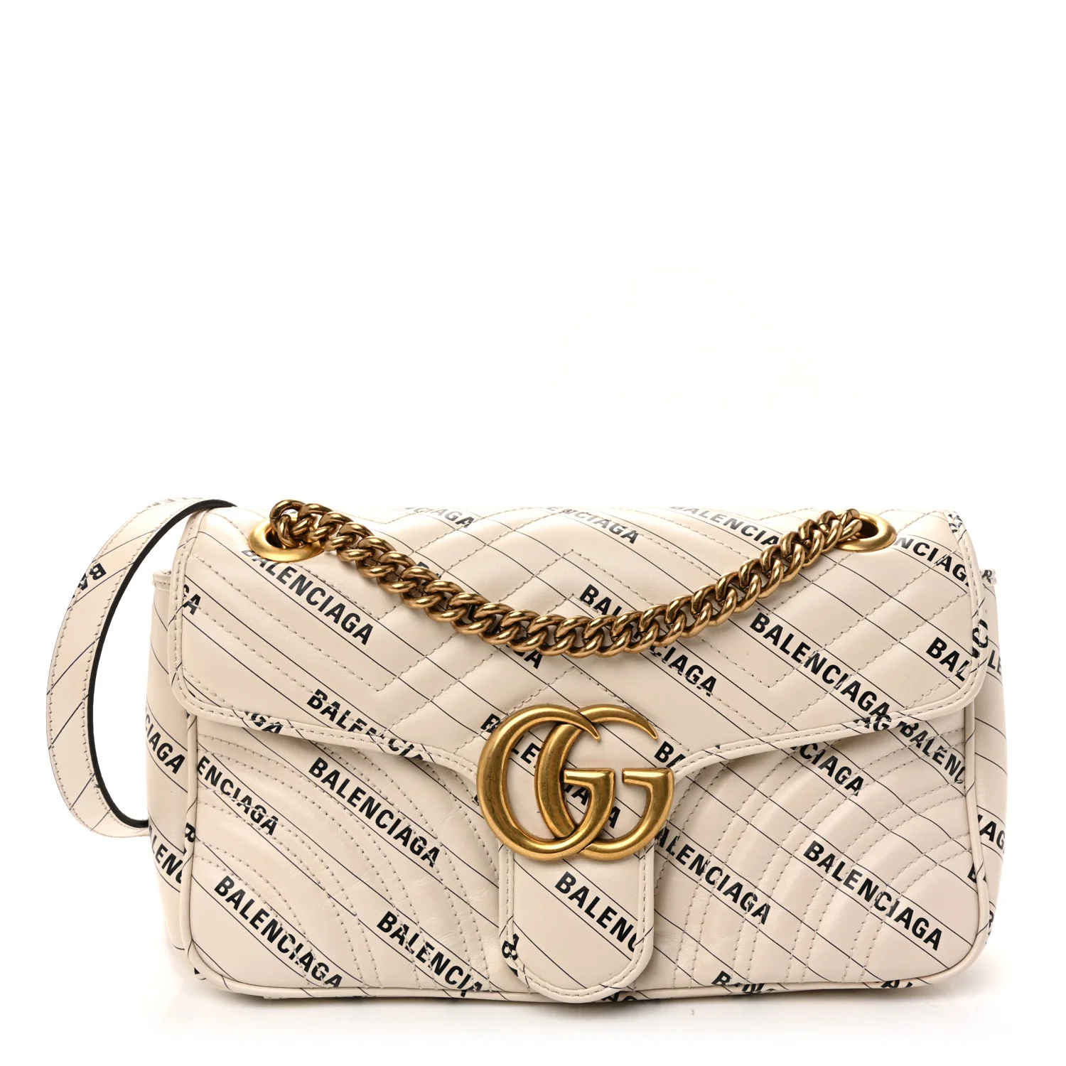 X BALENCIAGA Calfskin Matelasse Logo Print Small GG Marmont Shoulder Bag White