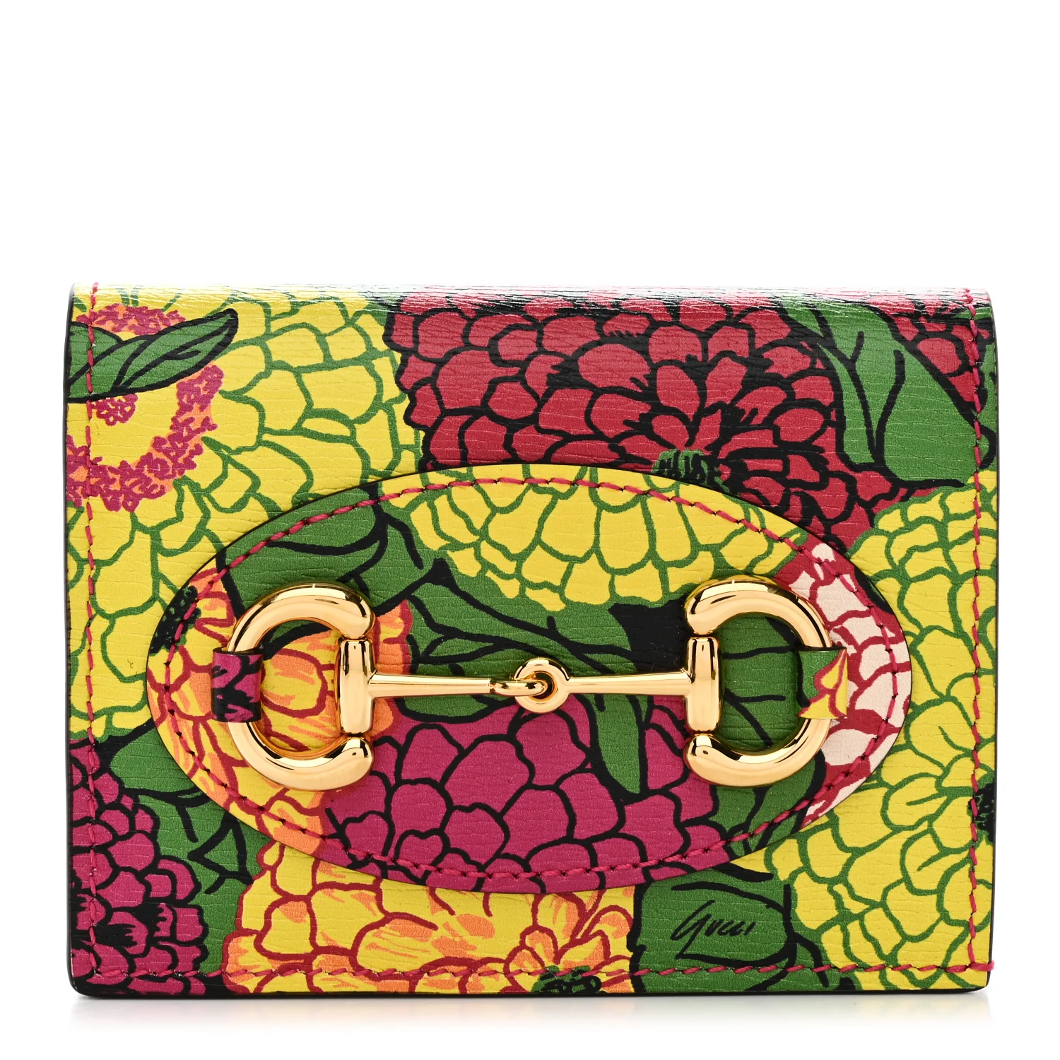 X KEN SCOTT Textured Calfskin Pomponica Print Horsebit 1955 Card Case Wallet Multicolor Fuxia Pompom