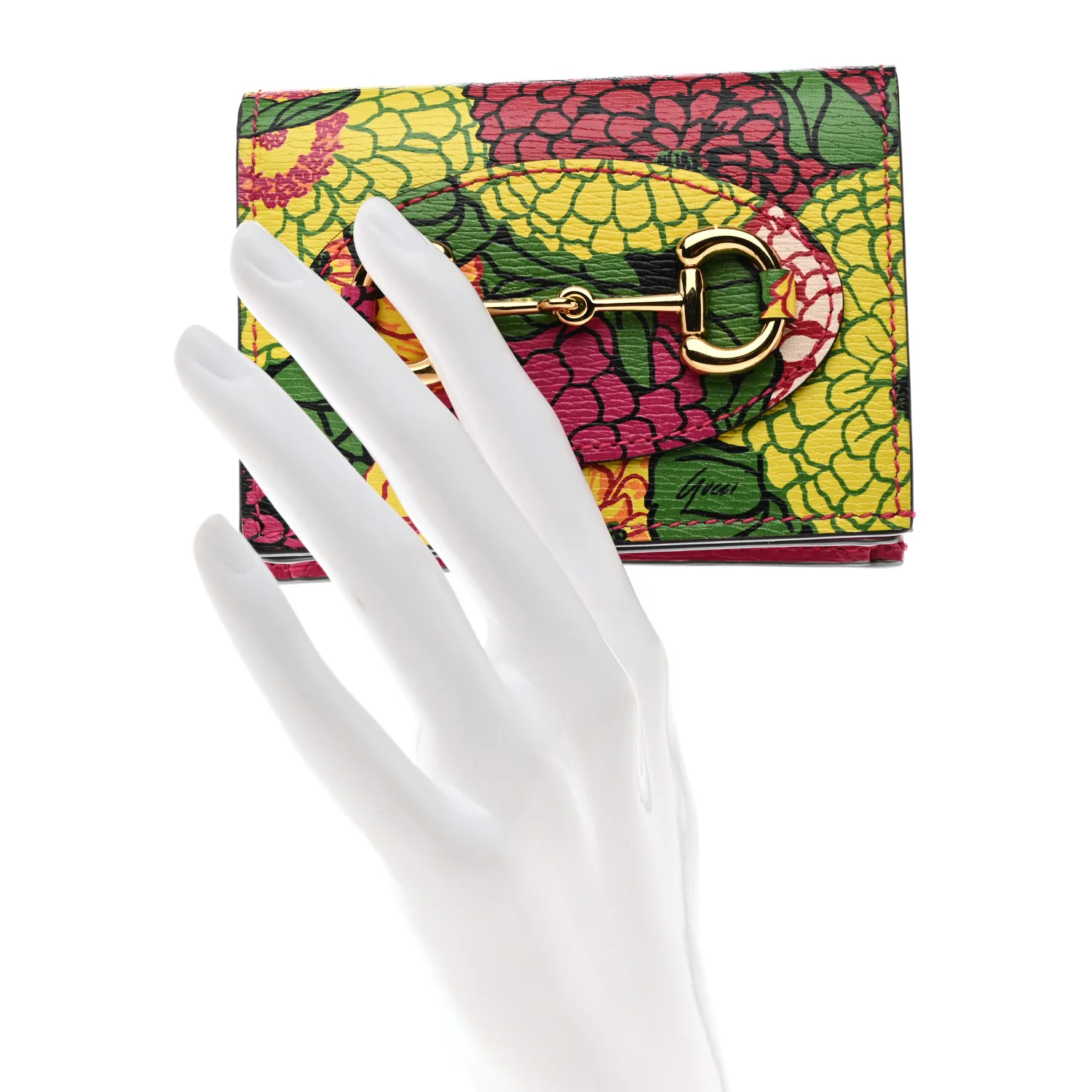 X KEN SCOTT Textured Calfskin Pomponica Print Horsebit 1955 Card Case Wallet Multicolor Fuxia Pompom - Image 2