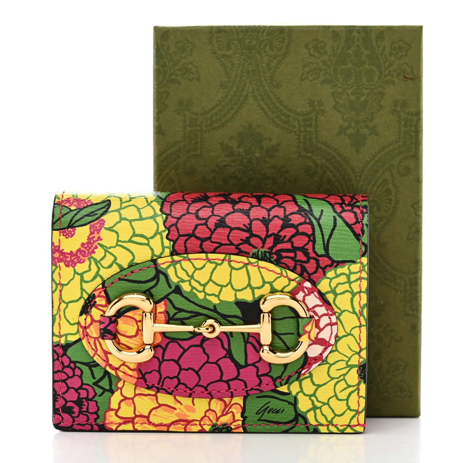 X KEN SCOTT Textured Calfskin Pomponica Print Horsebit 1955 Card Case Wallet Multicolor Fuxia Pompom - Image 8