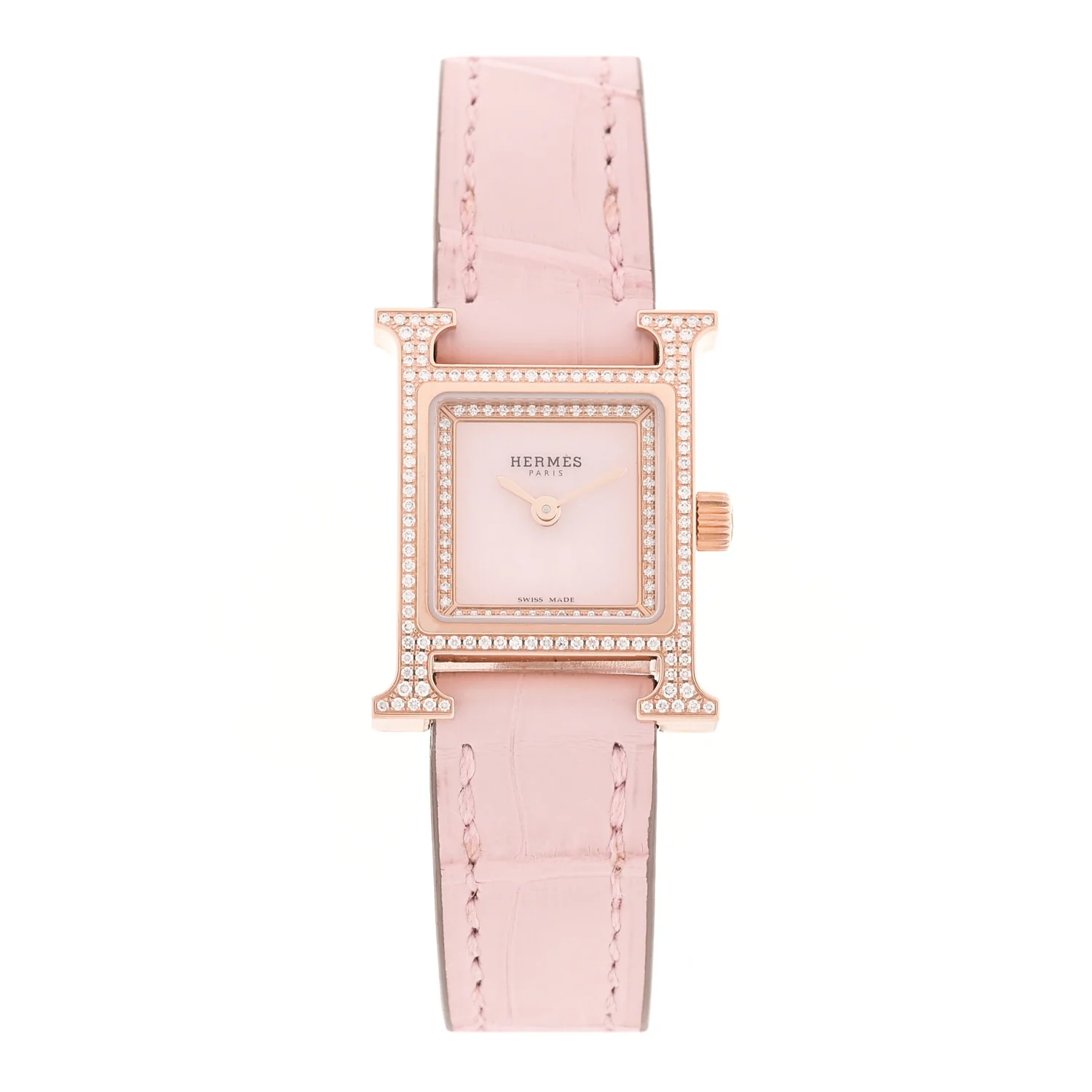 18K Rose Gold Alligator Diamond Bezel Rose Opal 17.2mm Heure H Hour Quartz Watch Rose Pale