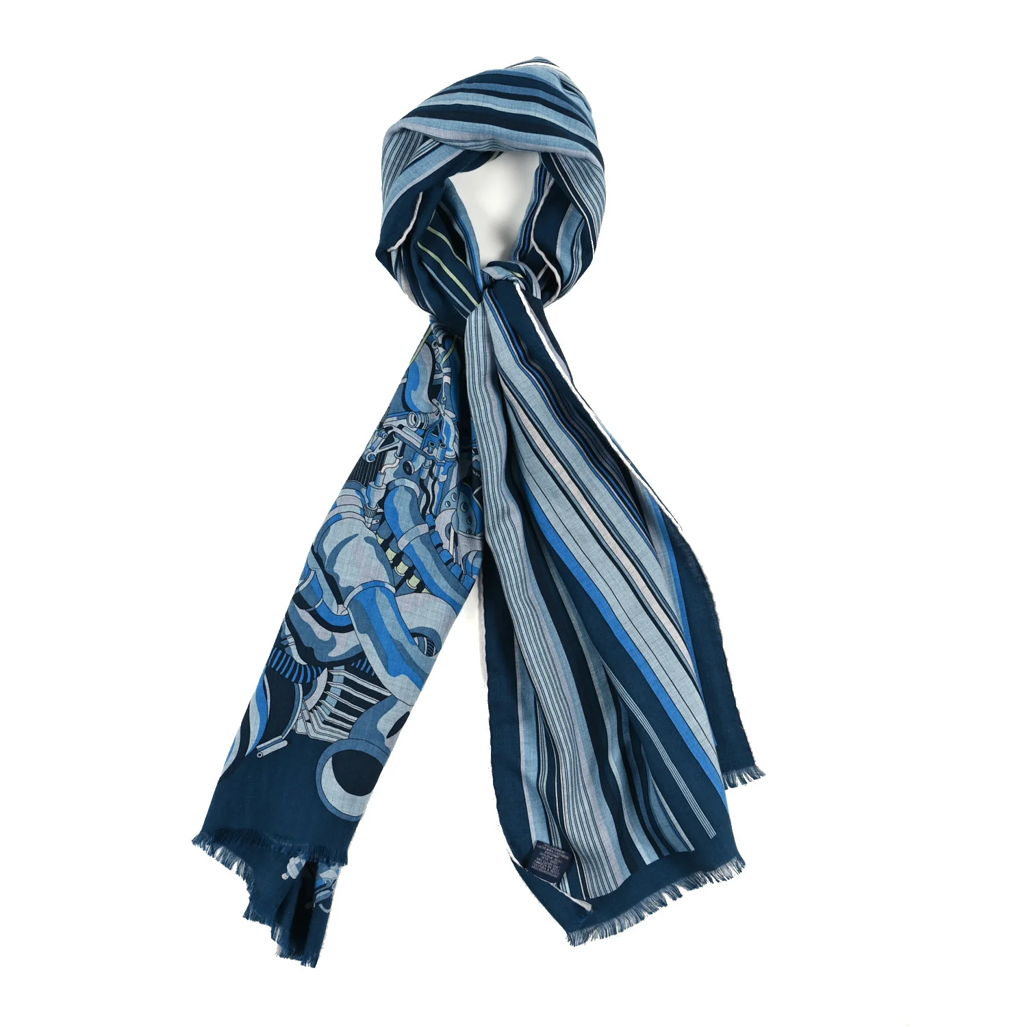 Cashmere Silk 600 Chevaux Rectangle Scarf Marine Gris Chine
