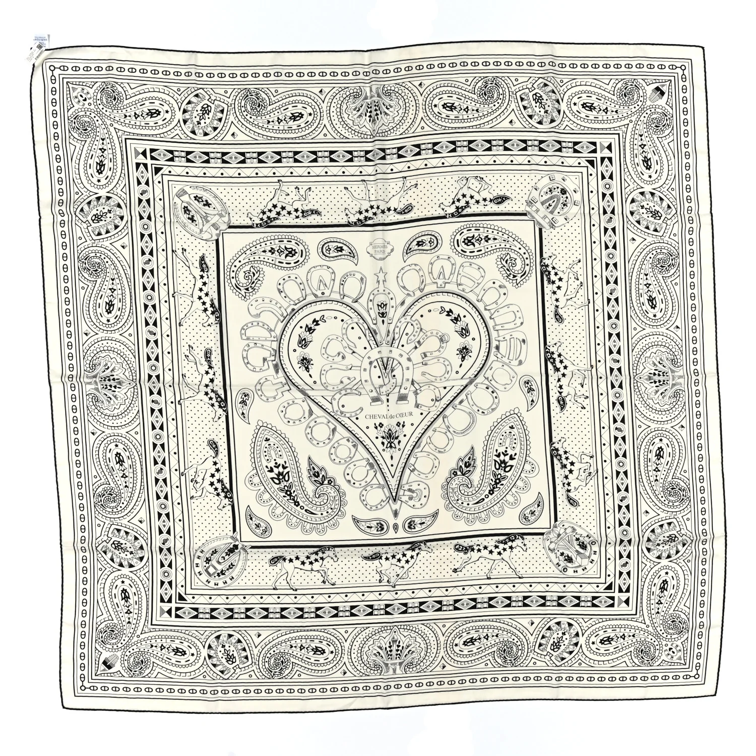 Cashmere Silk Cheval De Coeur Bandana Shawl 140 White Black