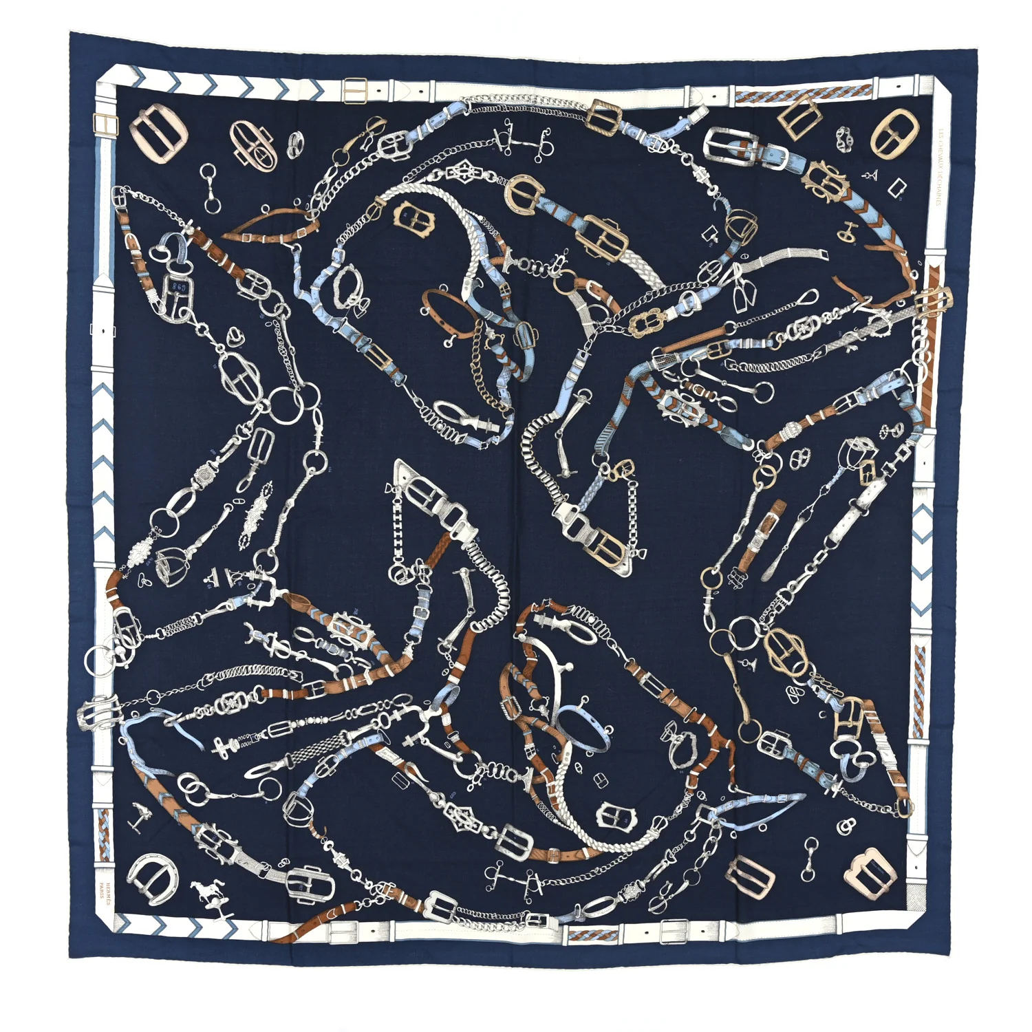 Cashmere Silk Chevaux Dechaines Shawl 140 Marine Fonce White Noisette