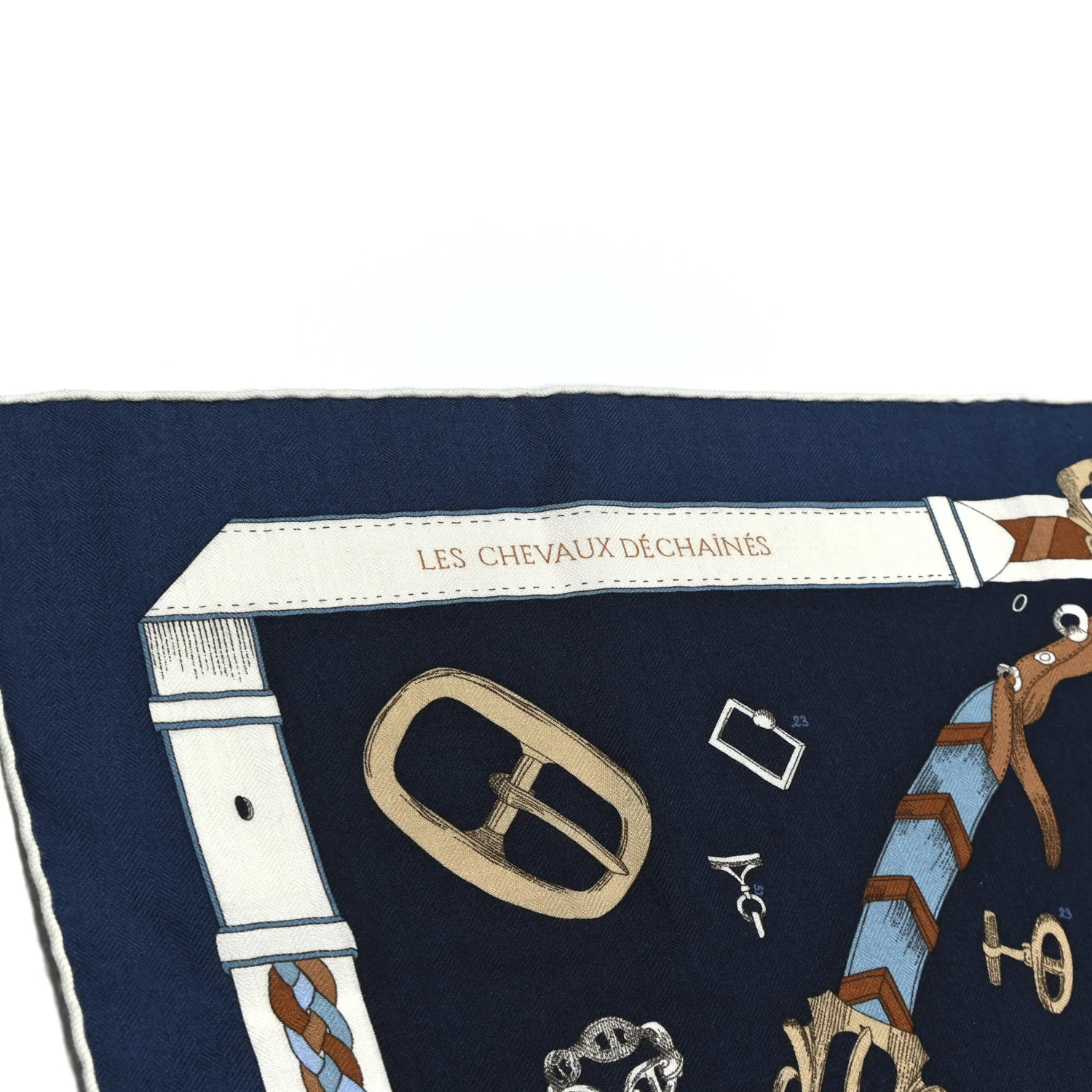 Cashmere Silk Chevaux Dechaines Shawl 140 Marine Fonce White Noisette - Image 3