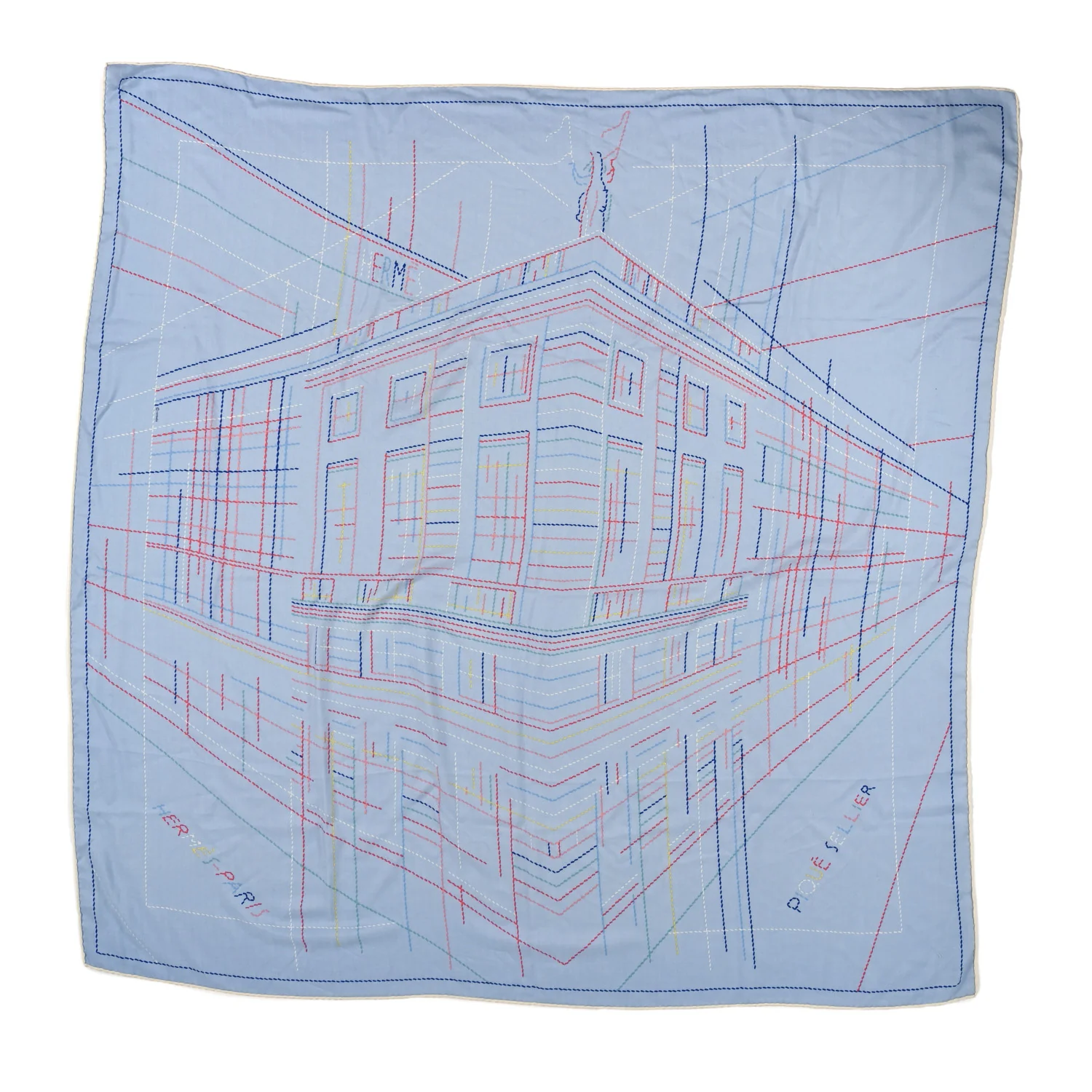 Cashmere Silk Embroidered Giant Pique Sellier Scarf 140 Bleu Ciel Rose Jaune