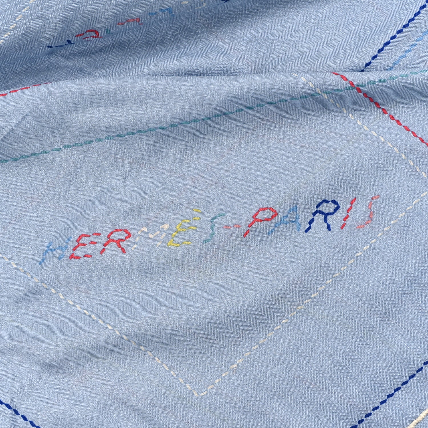 Cashmere Silk Embroidered Giant Pique Sellier Scarf 140 Bleu Ciel Rose Jaune - Image 2