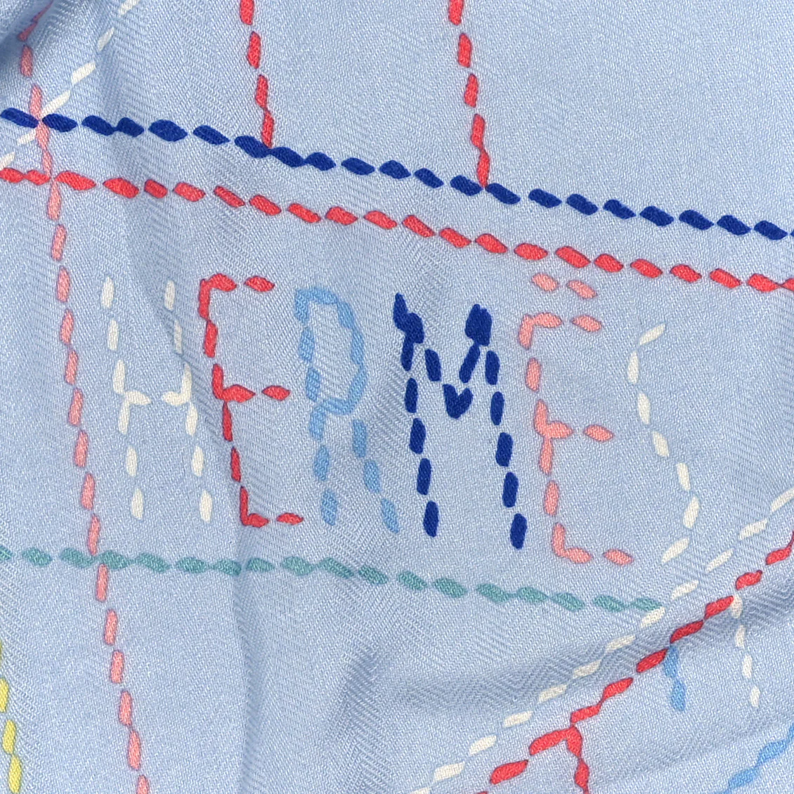 Cashmere Silk Embroidered Giant Pique Sellier Scarf 140 Bleu Ciel Rose Jaune - Image 4