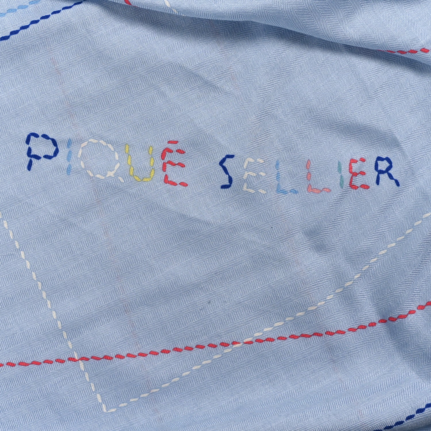 Cashmere Silk Embroidered Giant Pique Sellier Scarf 140 Bleu Ciel Rose Jaune - Image 5