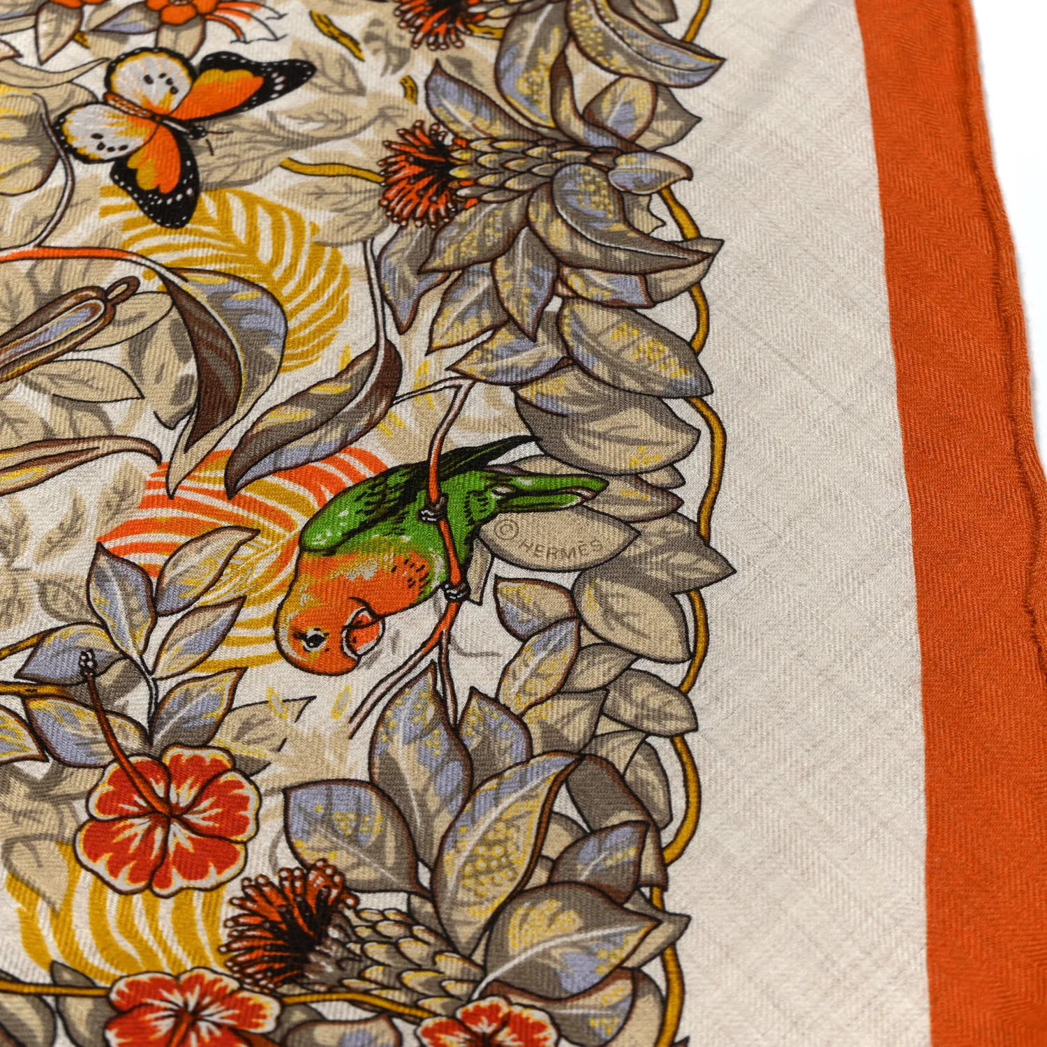 Cashmere Silk Jungle Love Giant Triangle Scarf Orange Cuit Naturel Vert - Image 3