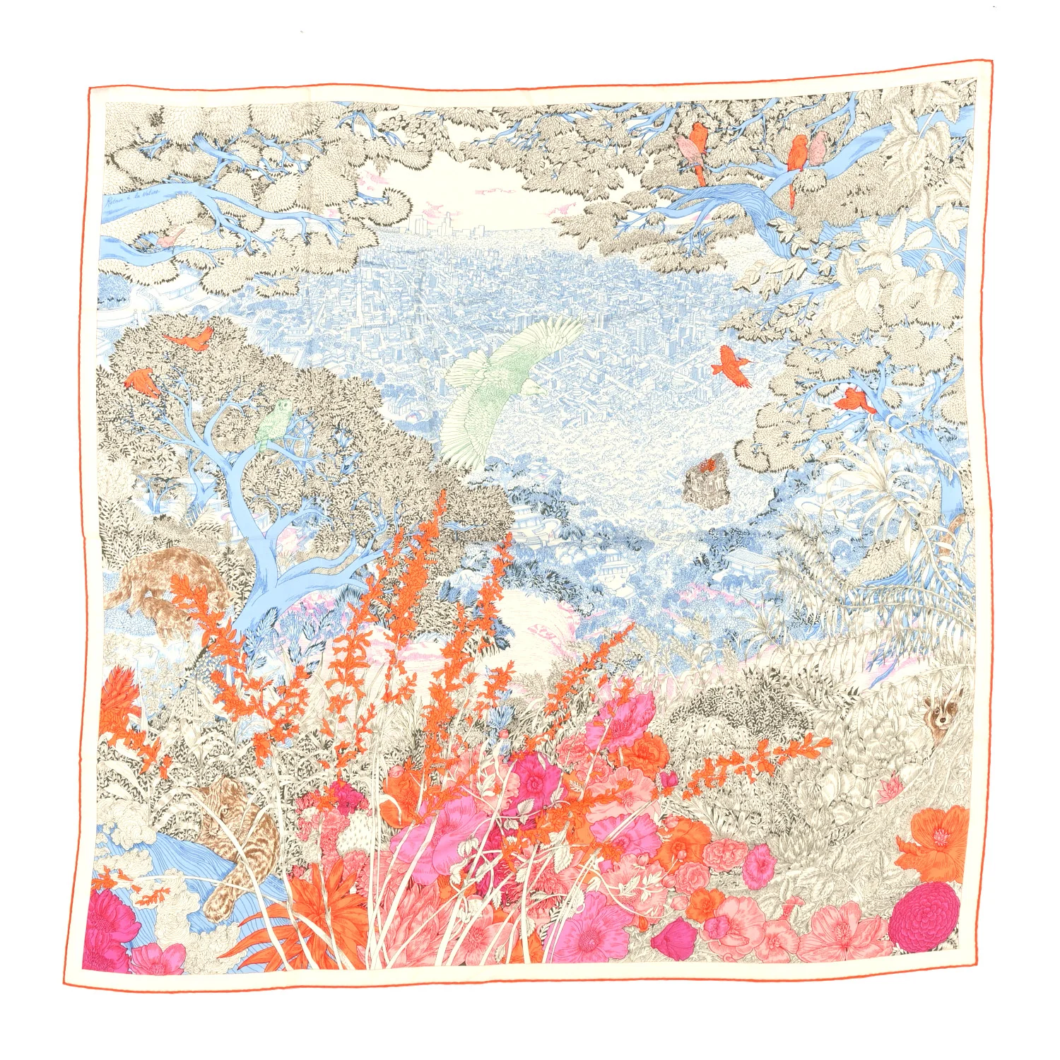 Cashmere Silk Retour a la Nature Shawl 140 Bleu Ciel Rose Cyclamen Orange
