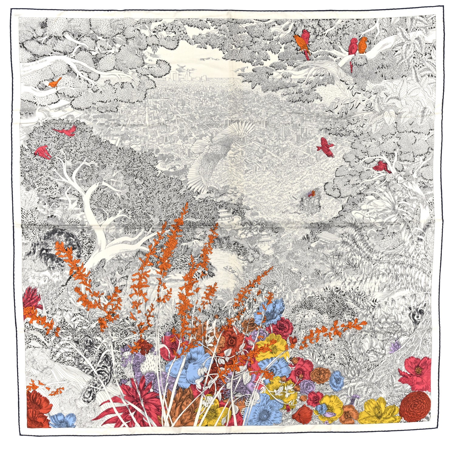 Cashmere Silk Retour a la Nature Shawl 140 White Black Multicolor