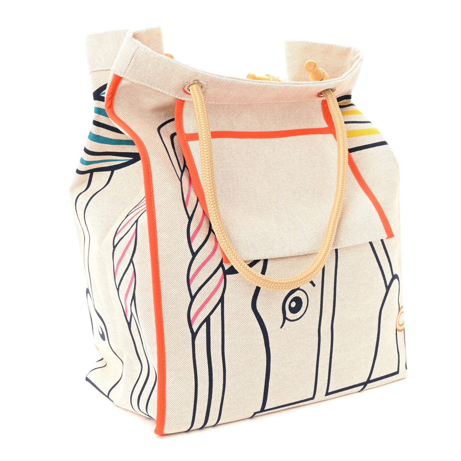 H Canvas Quadrige Beach Bag Bleu Jaune Rose - Image 5