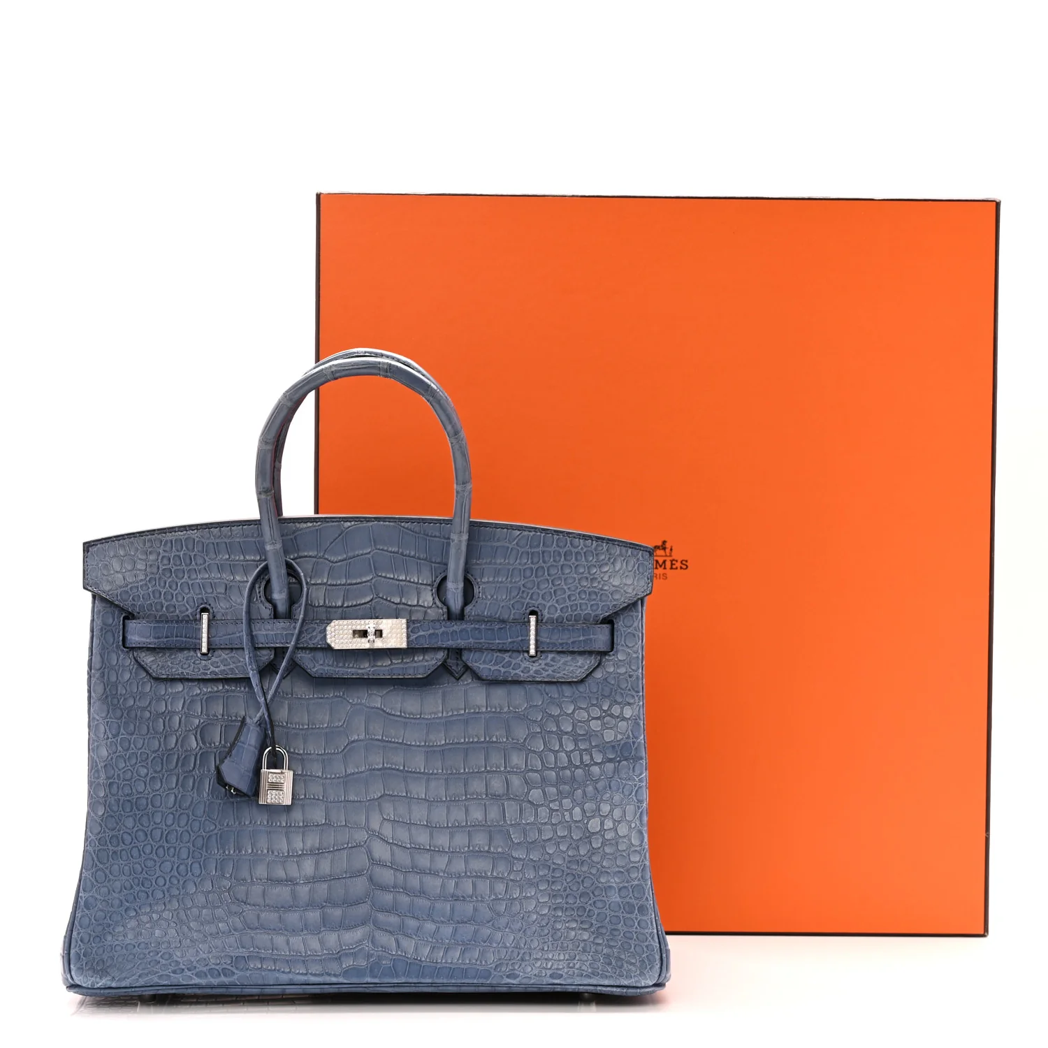 Matte Porosus Crocodile 18K White Gold Diamond Birkin 35 Bleu Brighton - Image 26
