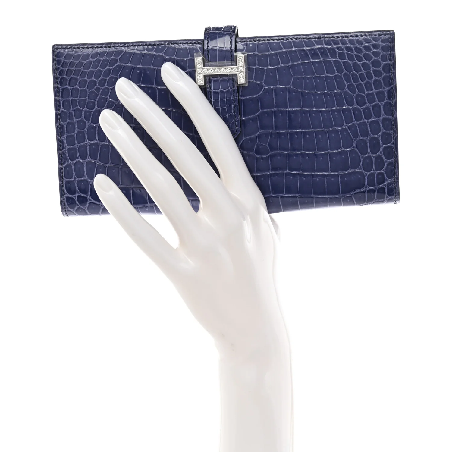 Shiny Porosus Crocodile 18K White Gold Diamond Bearn Wallet Bleu Ciel - Image 2