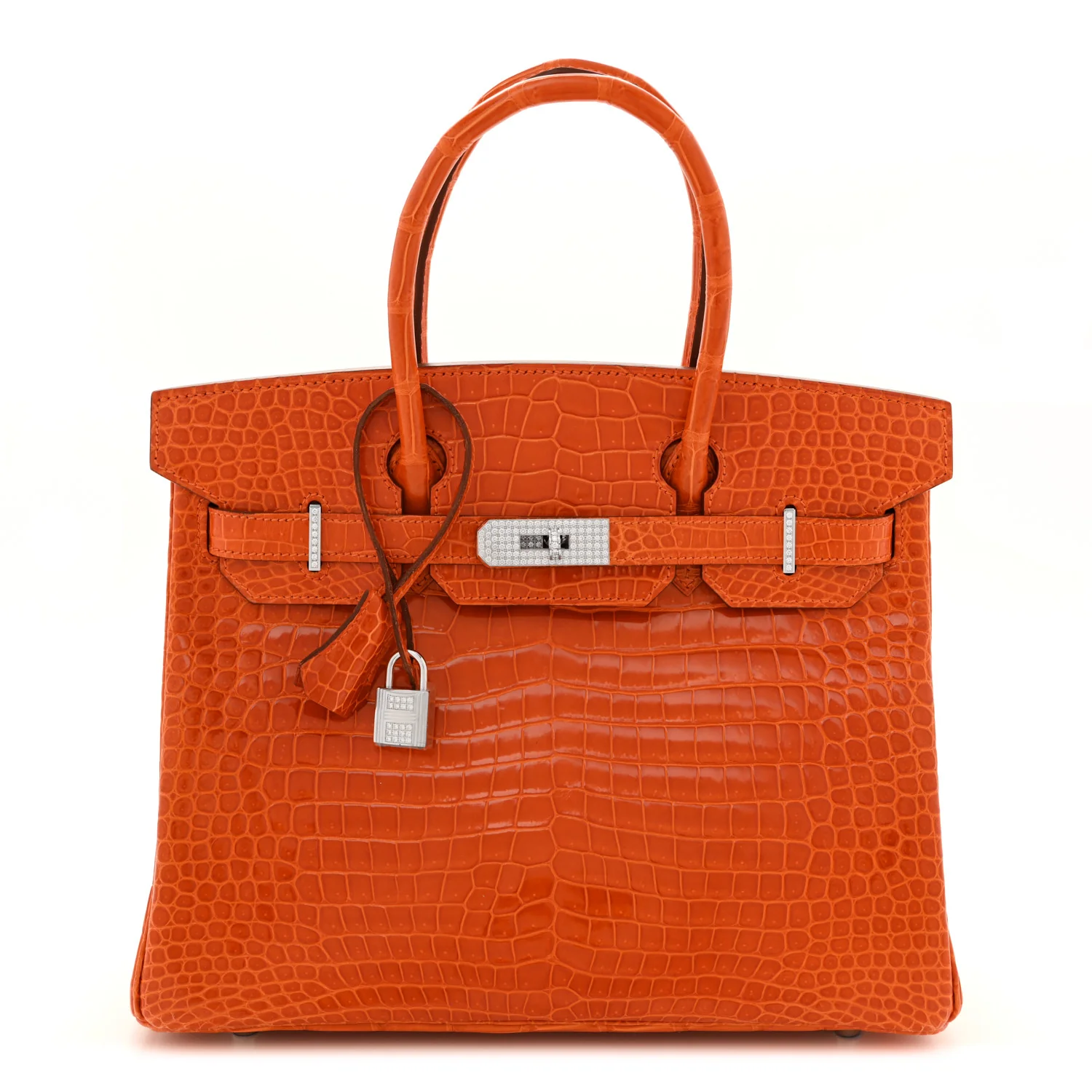 Shiny Porosus Crocodile 18K White Gold Diamond Birkin 30 Orange - Image 2