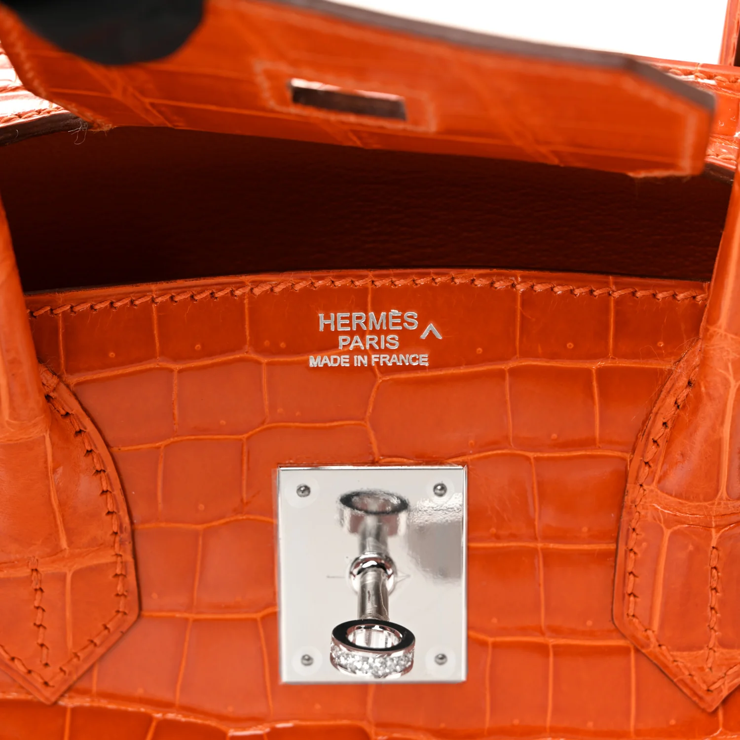 Shiny Porosus Crocodile 18K White Gold Diamond Birkin 30 Orange - Image 7