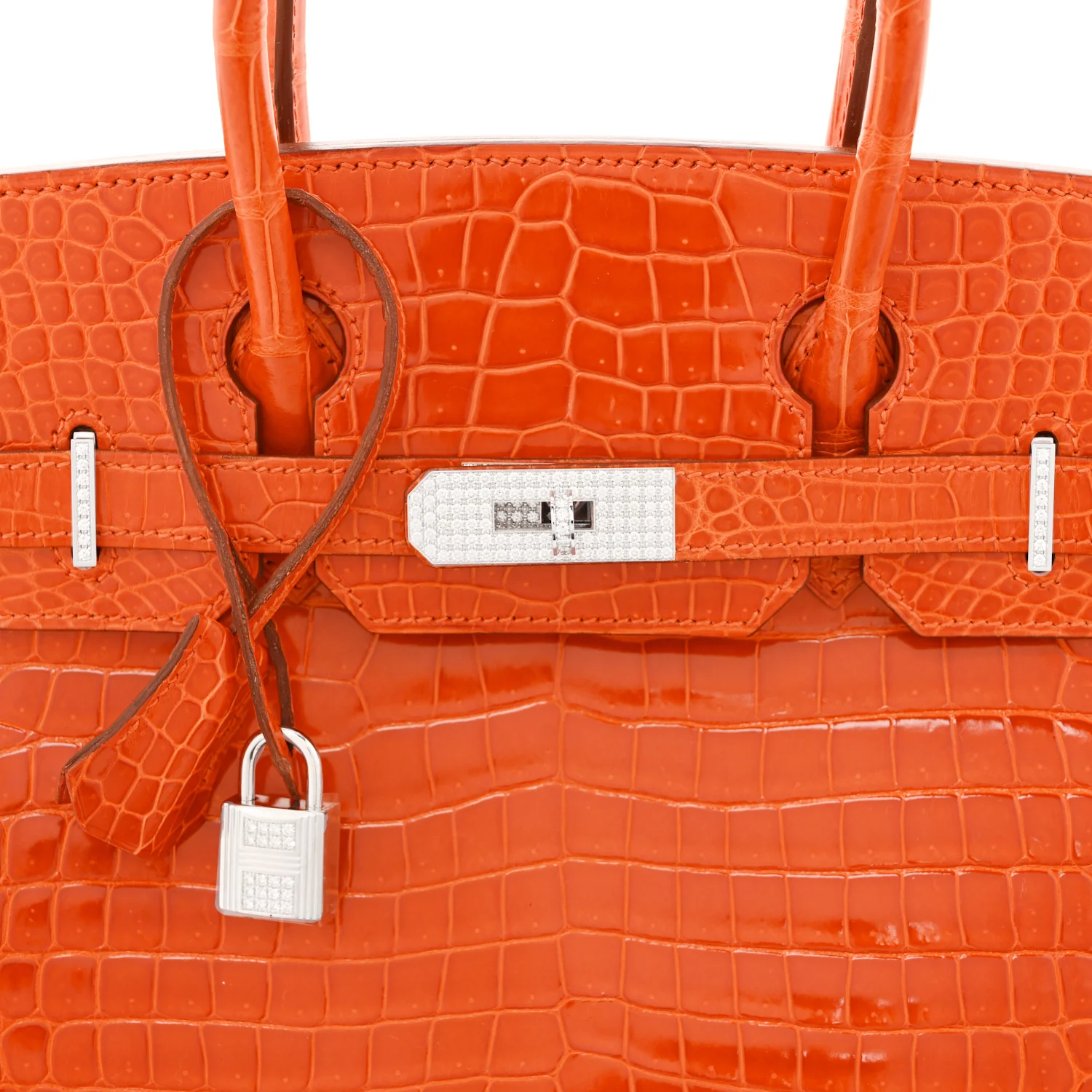 Shiny Porosus Crocodile 18K White Gold Diamond Birkin 30 Orange - Image 9