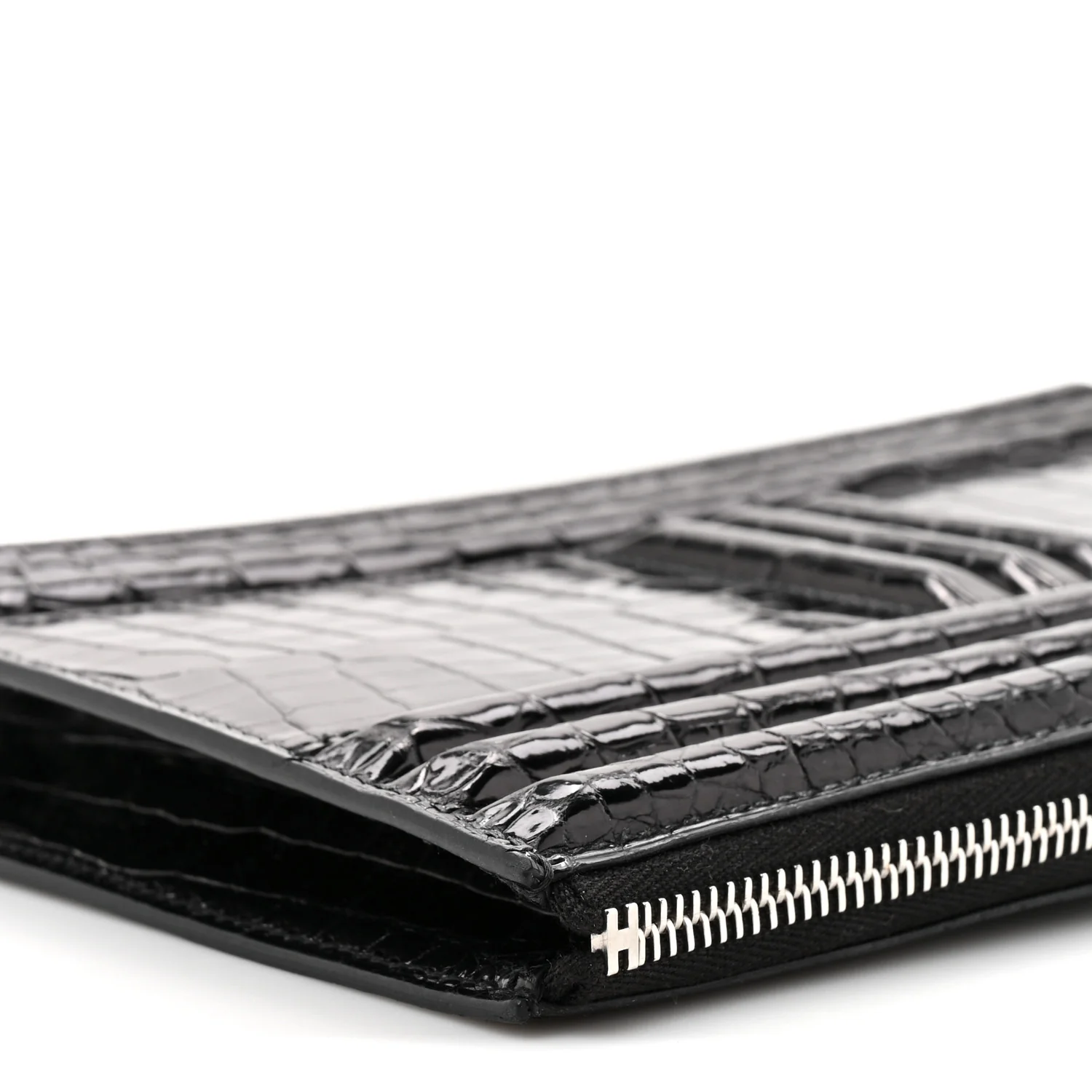 Shiny Porosus Crocodile Lisse Kelly Cadena Clutch Black - Image 9